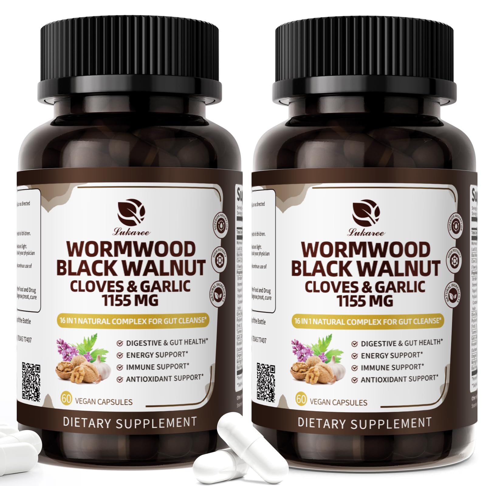 Lukaree Black Walnut Wormwood Clove Capsules 1155mg front view