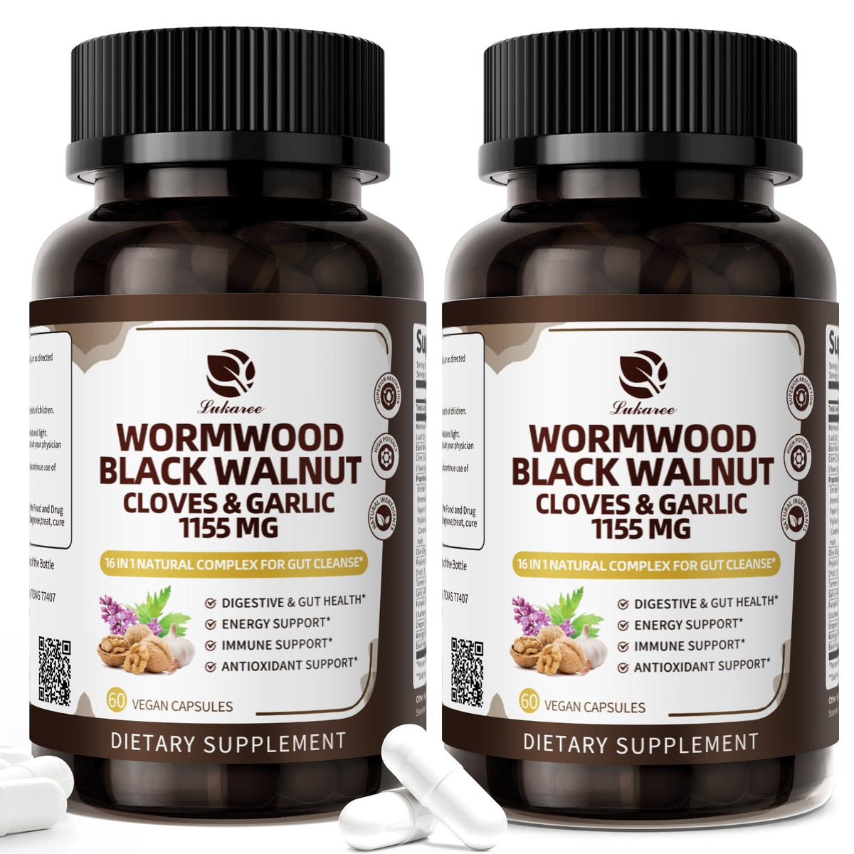 Lukaree Black Walnut Wormwood Clove Capsules 1155mg front view