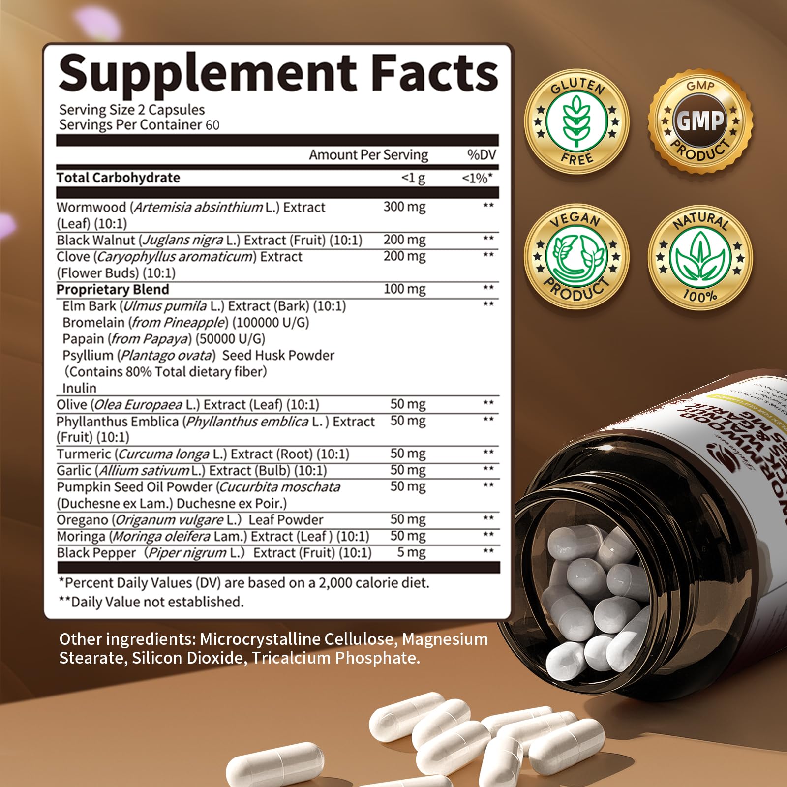 Lukaree Black Walnut Wormwood Clove Capsules 1155mg packaging and ingredients