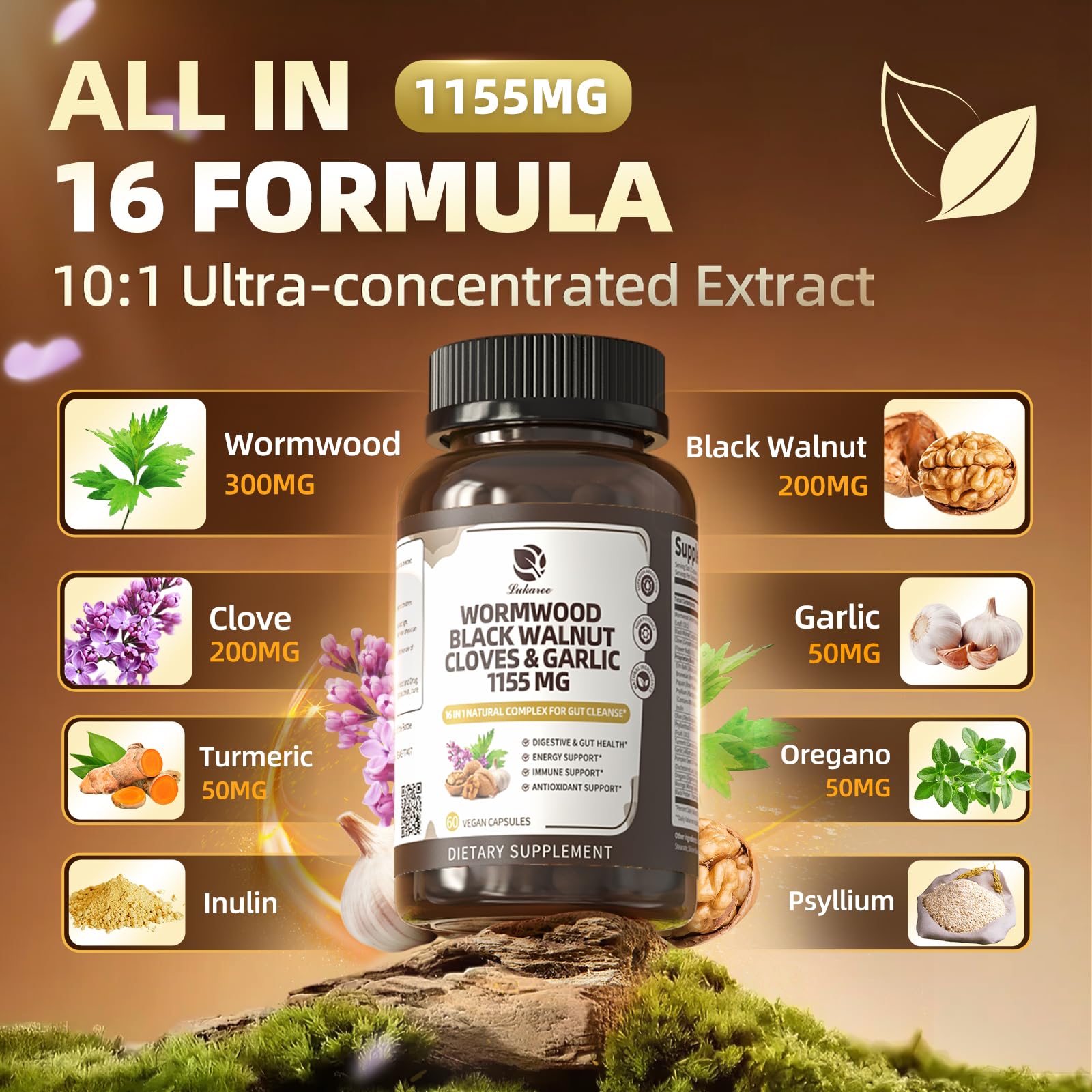 Lukaree Black Walnut Wormwood Clove Capsules 1155mg side view
