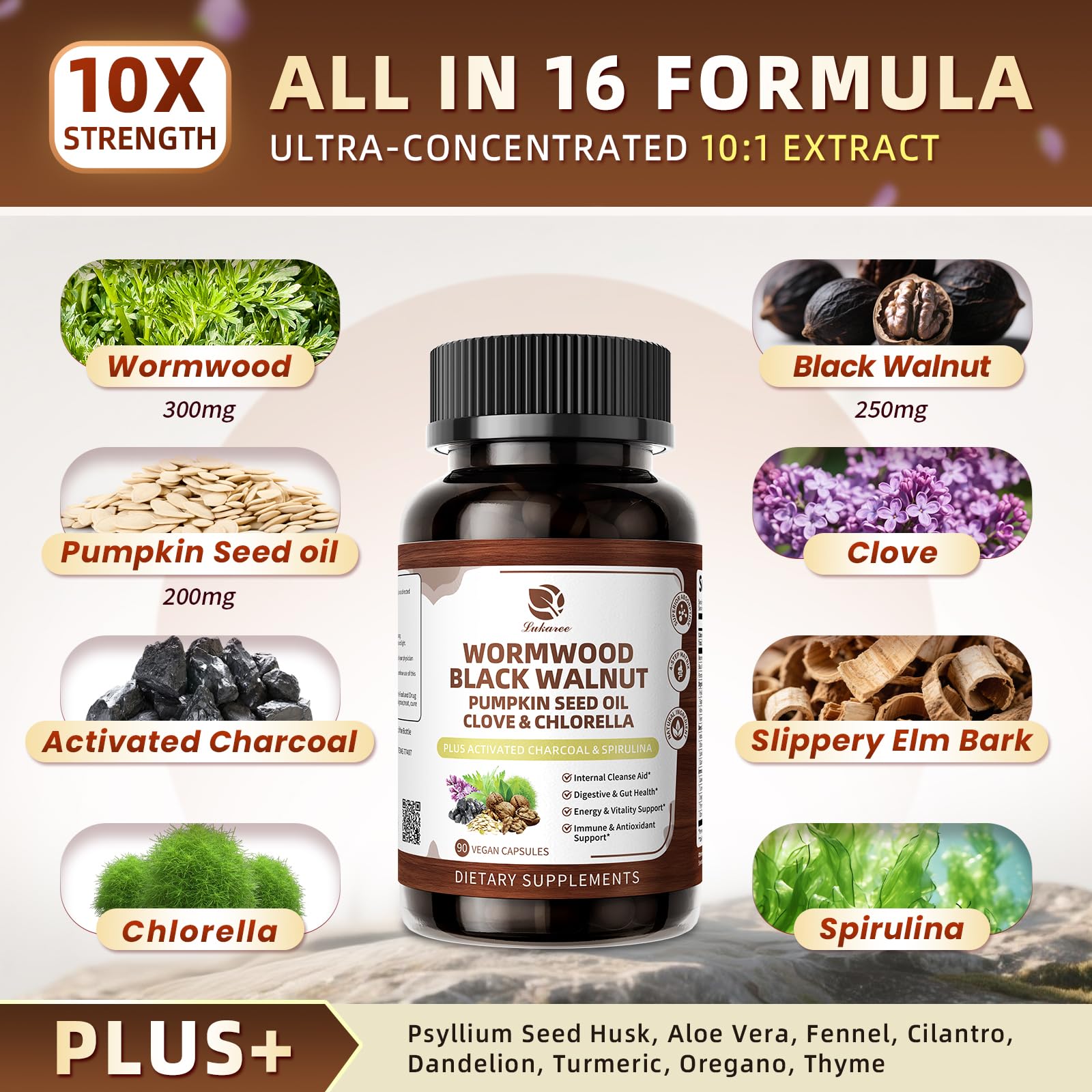 Lukaree Chlorella 16-in-1 supplement capsules in bottle