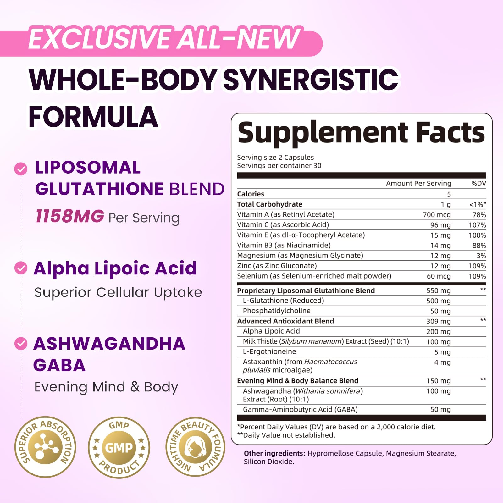 Lukaree Liposomal Glutathione Capsules 500mg with Ashwagandha and GABA