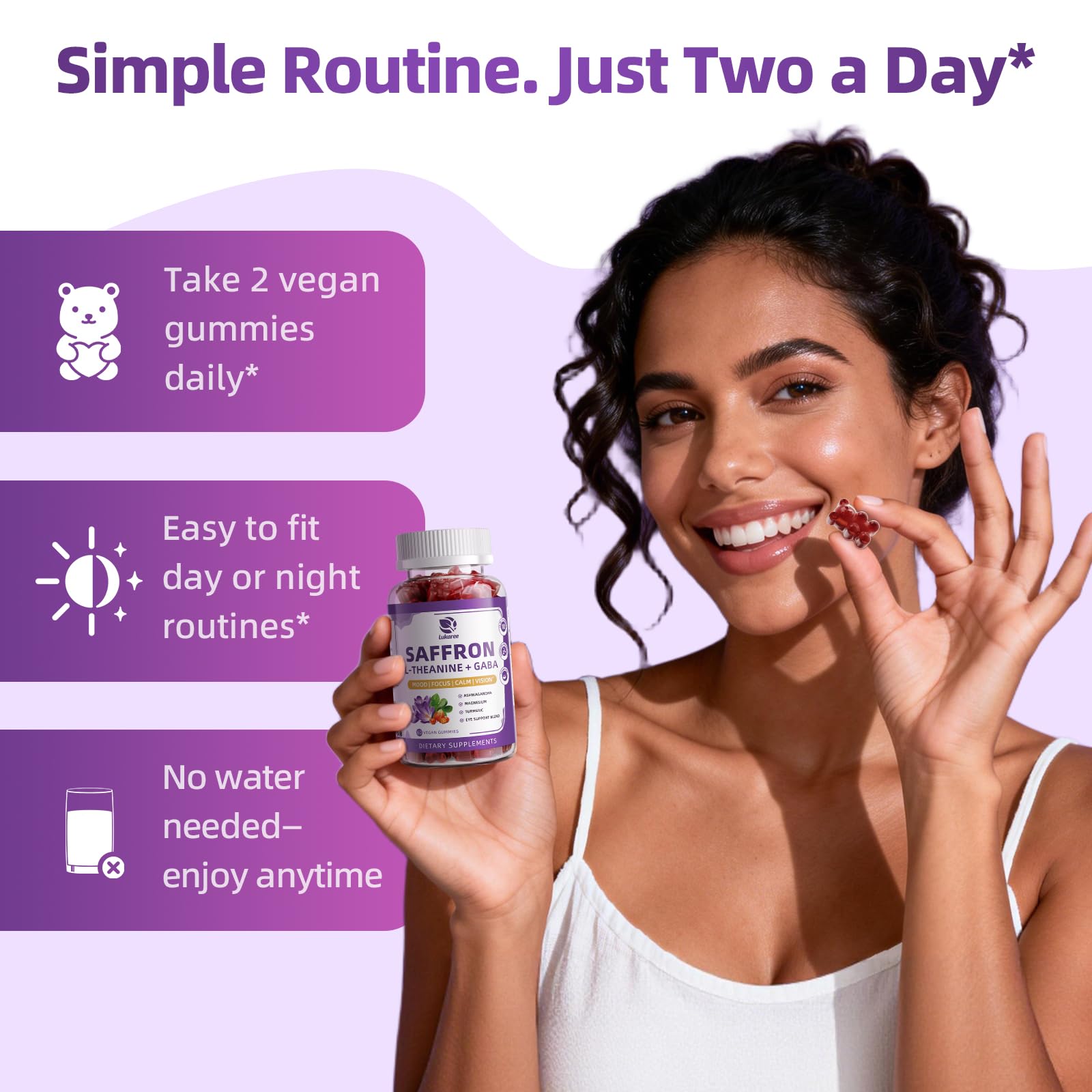Lukaree Mood & Focus Support Gummies bottle on a kitchen counter