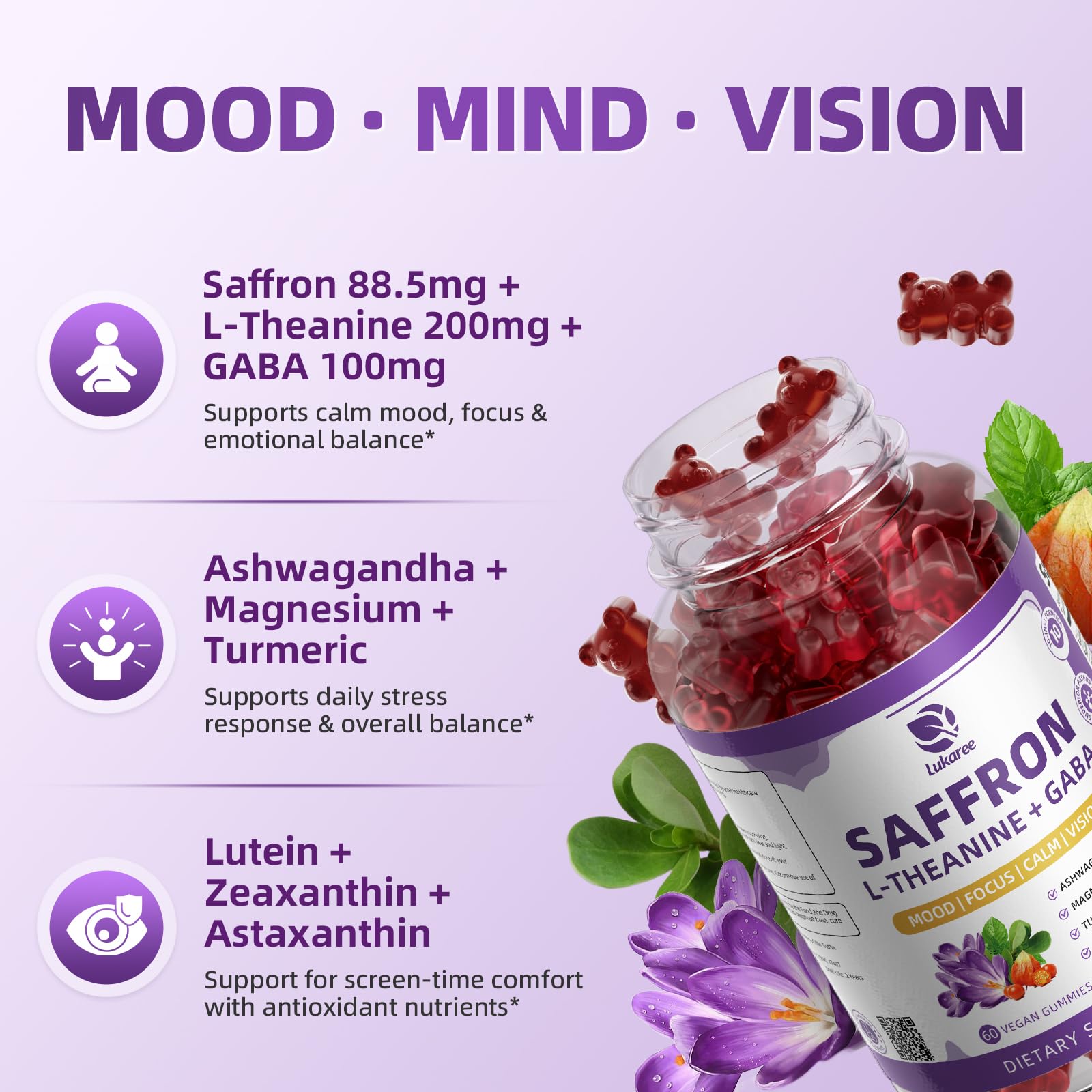 Lukaree Mood & Focus Support Gummies bottle side view