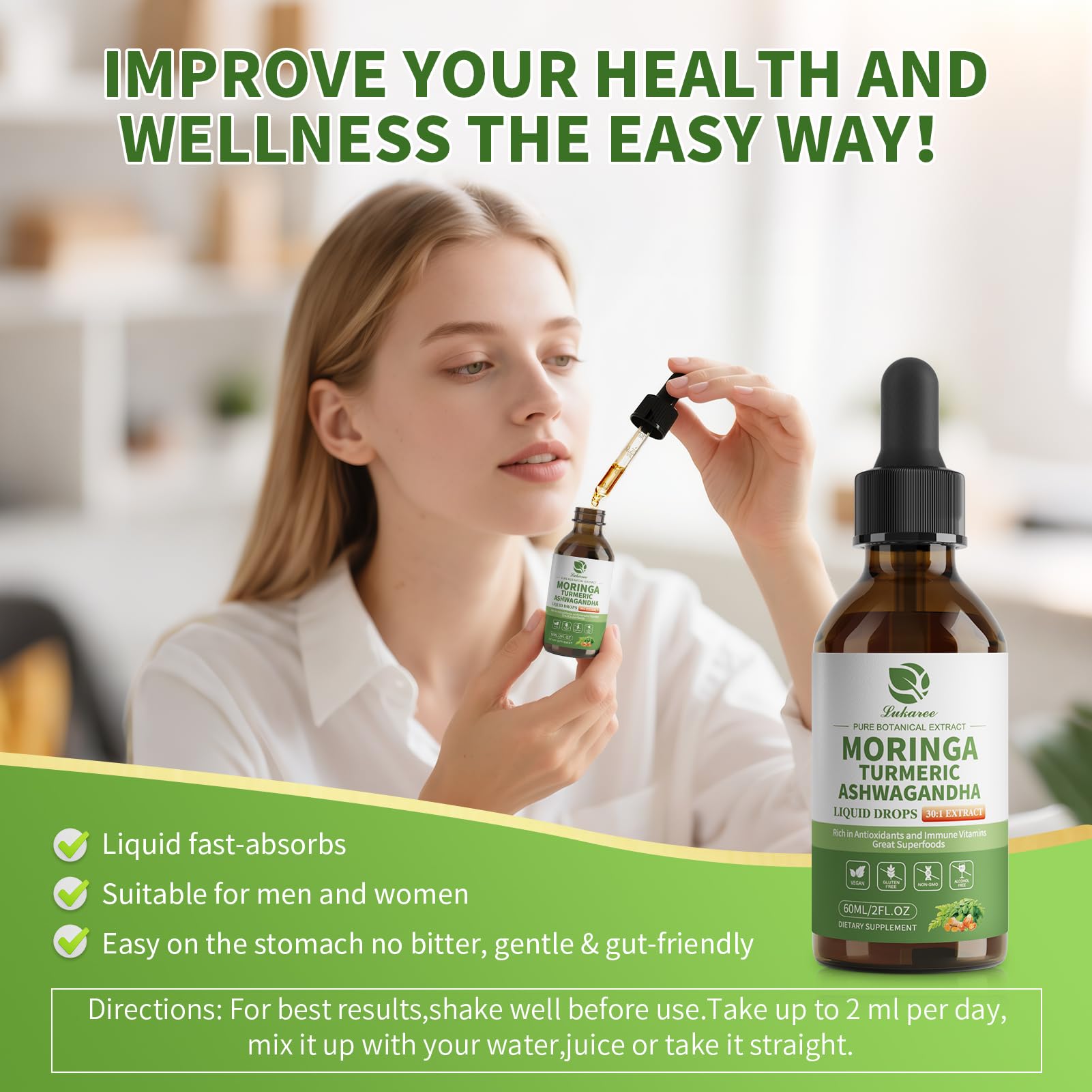 Lukaree Moringa Organic Drops showing liquid form