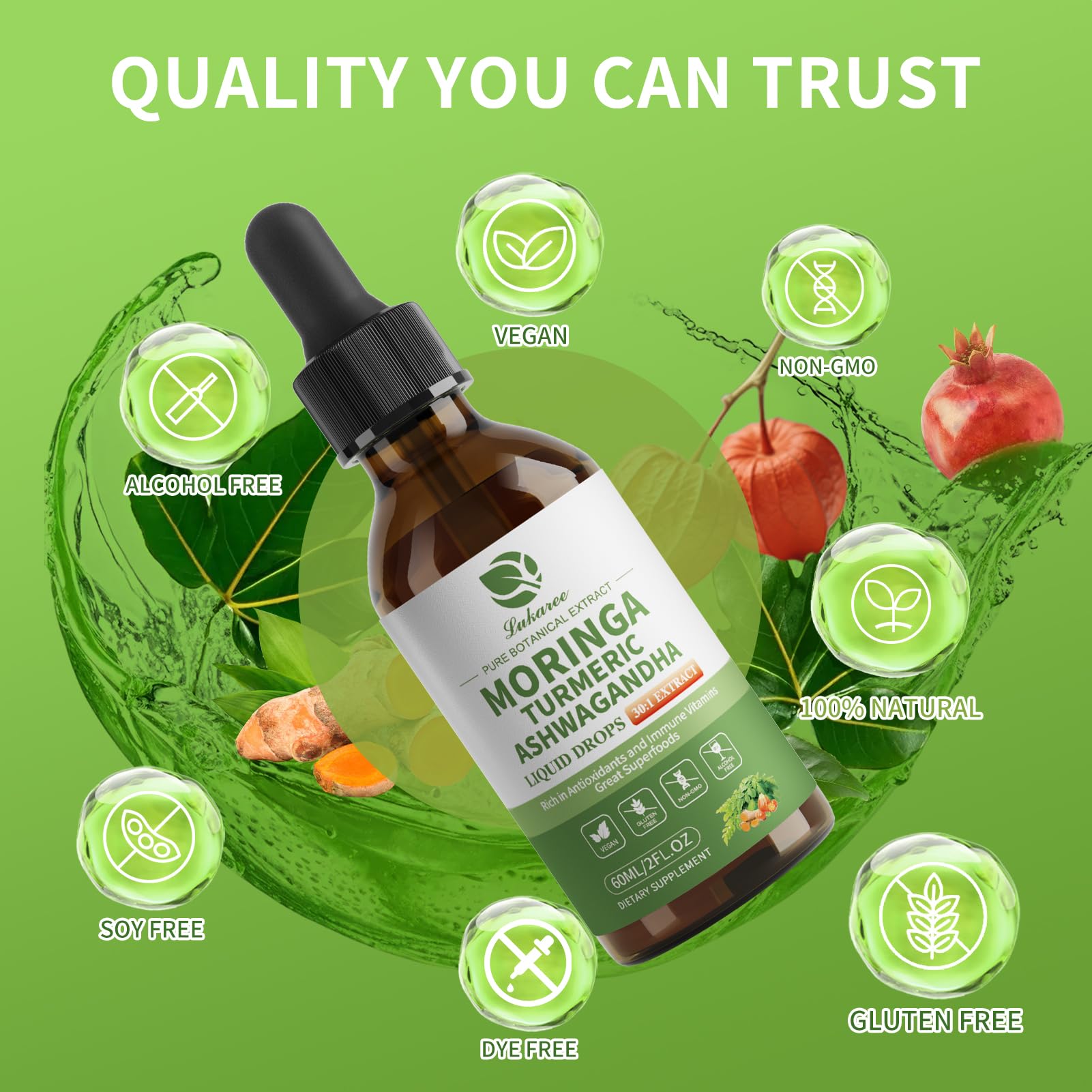 Lukaree Moringa Organic Drops with fresh moringa leaves