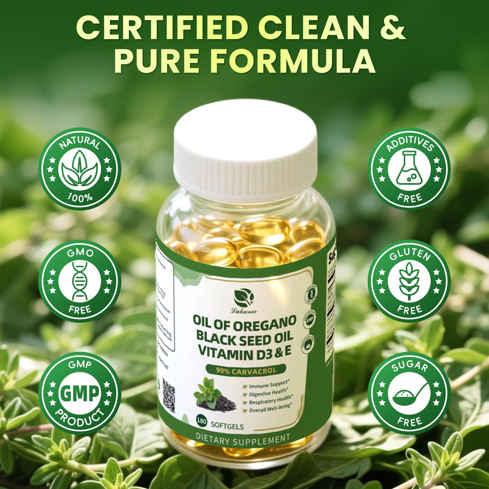 Lukaree Oregano Oil & Black Seed Oil supplement displayed with a glass of water