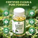 Lukaree Oregano Oil & Black Seed Oil supplement displayed with a glass of water
