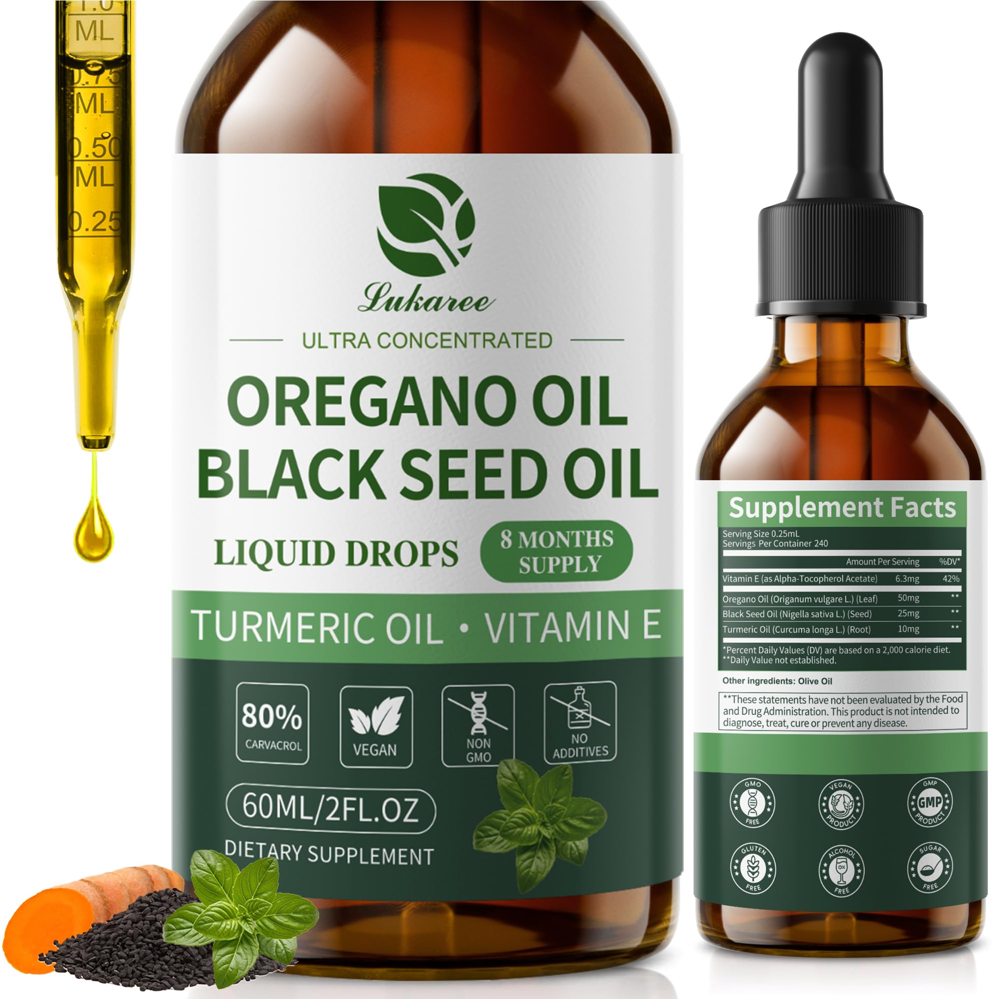 Lukaree Oregano Oil with Black Seed 2 fl oz front view