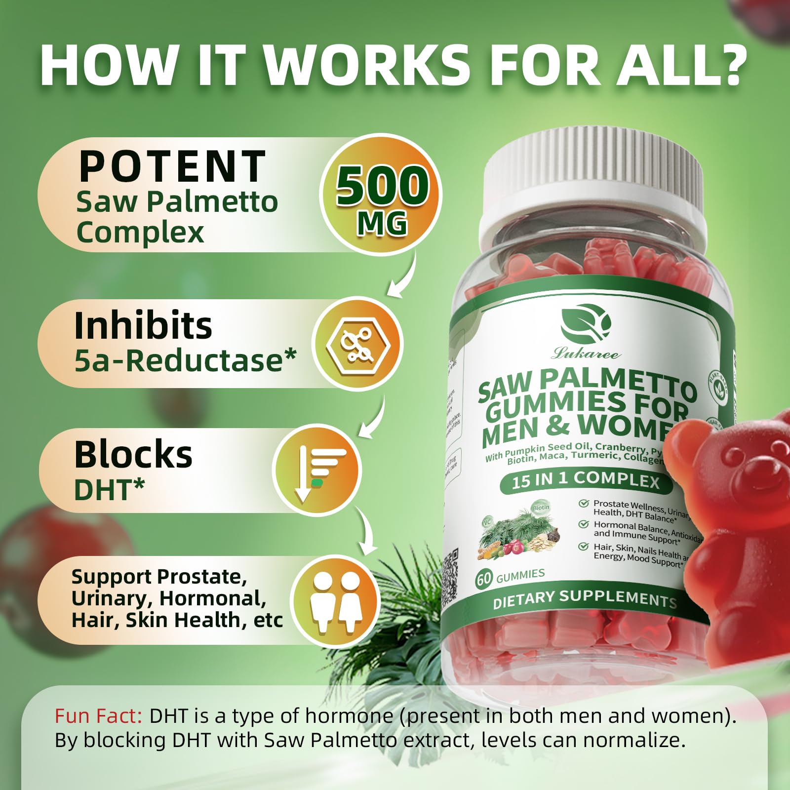 Lukaree Saw Palmetto Gummies displayed on a wooden table