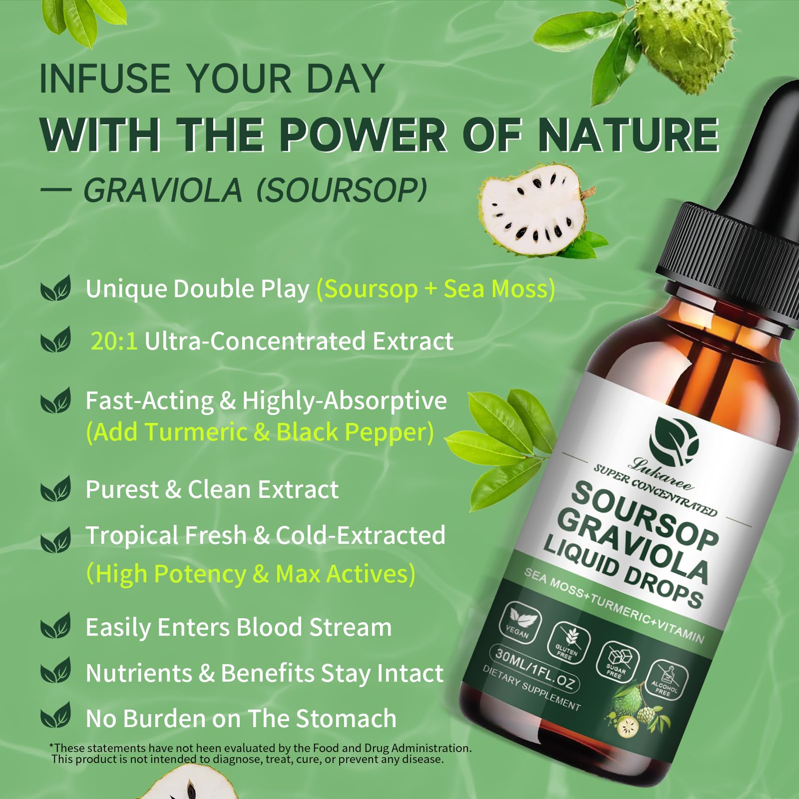 Lukaree Soursop Liquid Drops lifestyle scene with fruits
