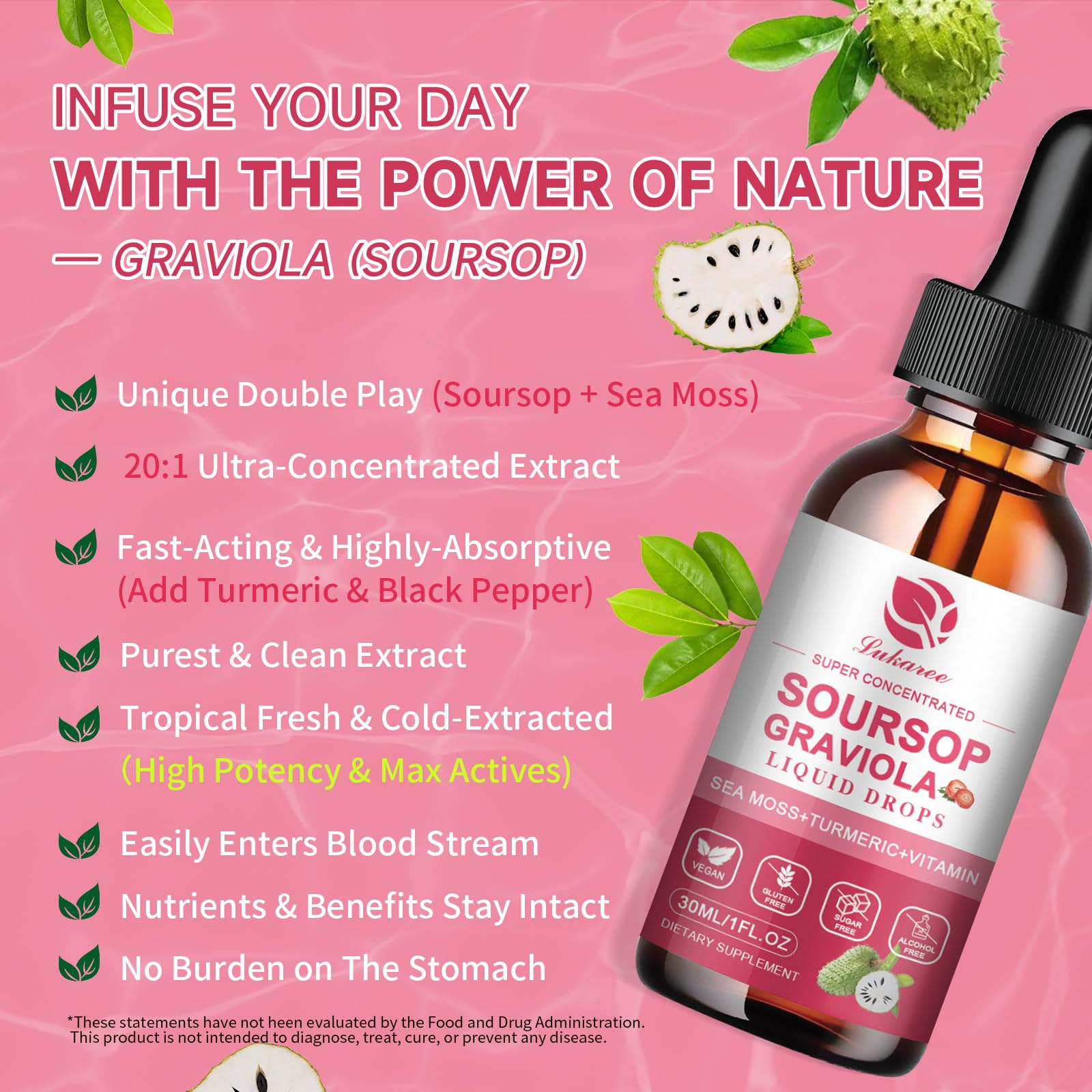 Lukaree Soursop Liquid Drops with fresh soursop leaves