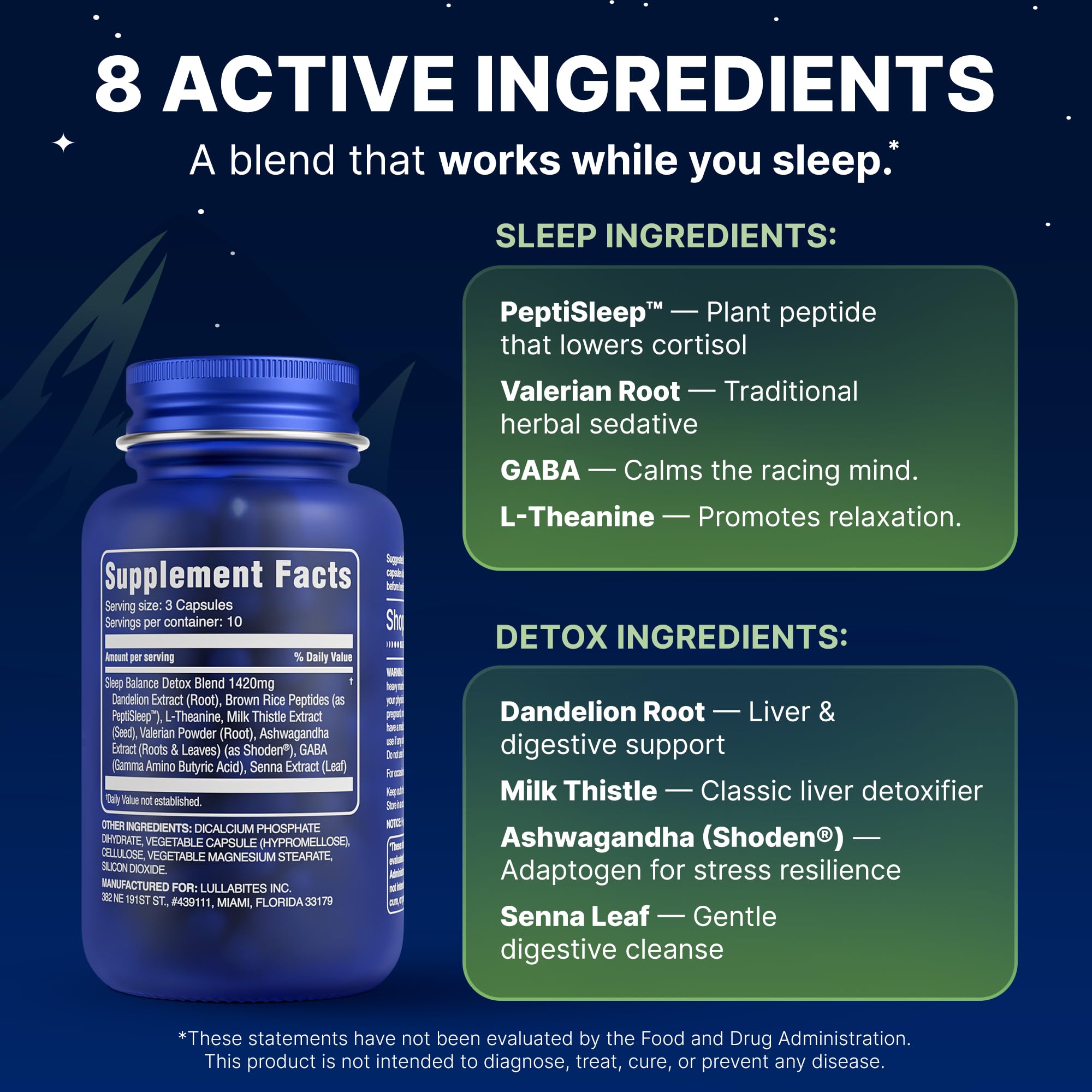 LullaBites Lulla Tox Capsules with a glass of water