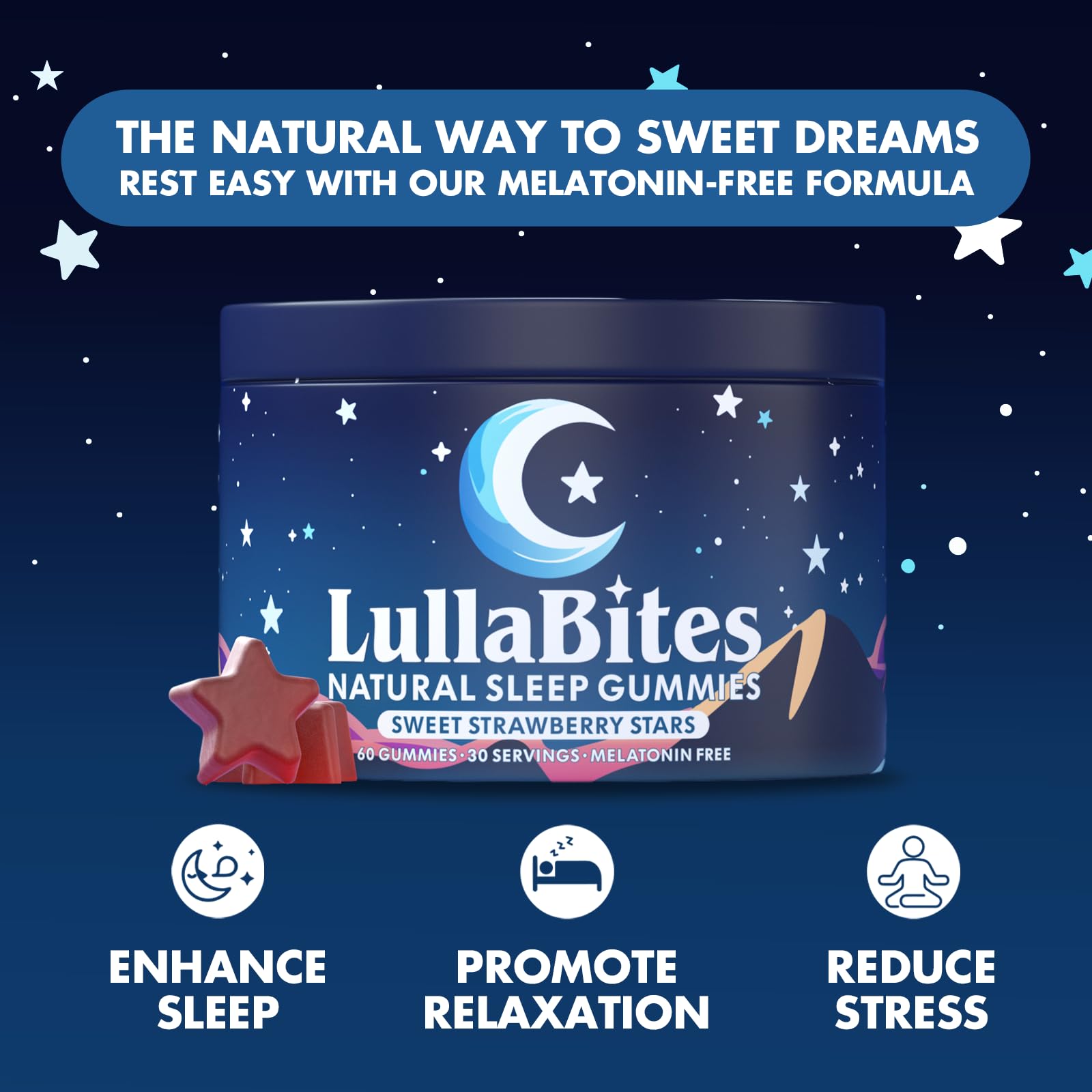 LullaBites Sleep Gummies showing individual gummies in a bowl