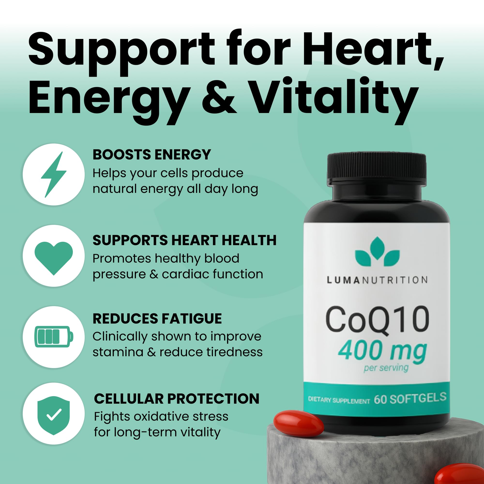 Luma Nutrition CoQ10 200mg liquid softgels side view