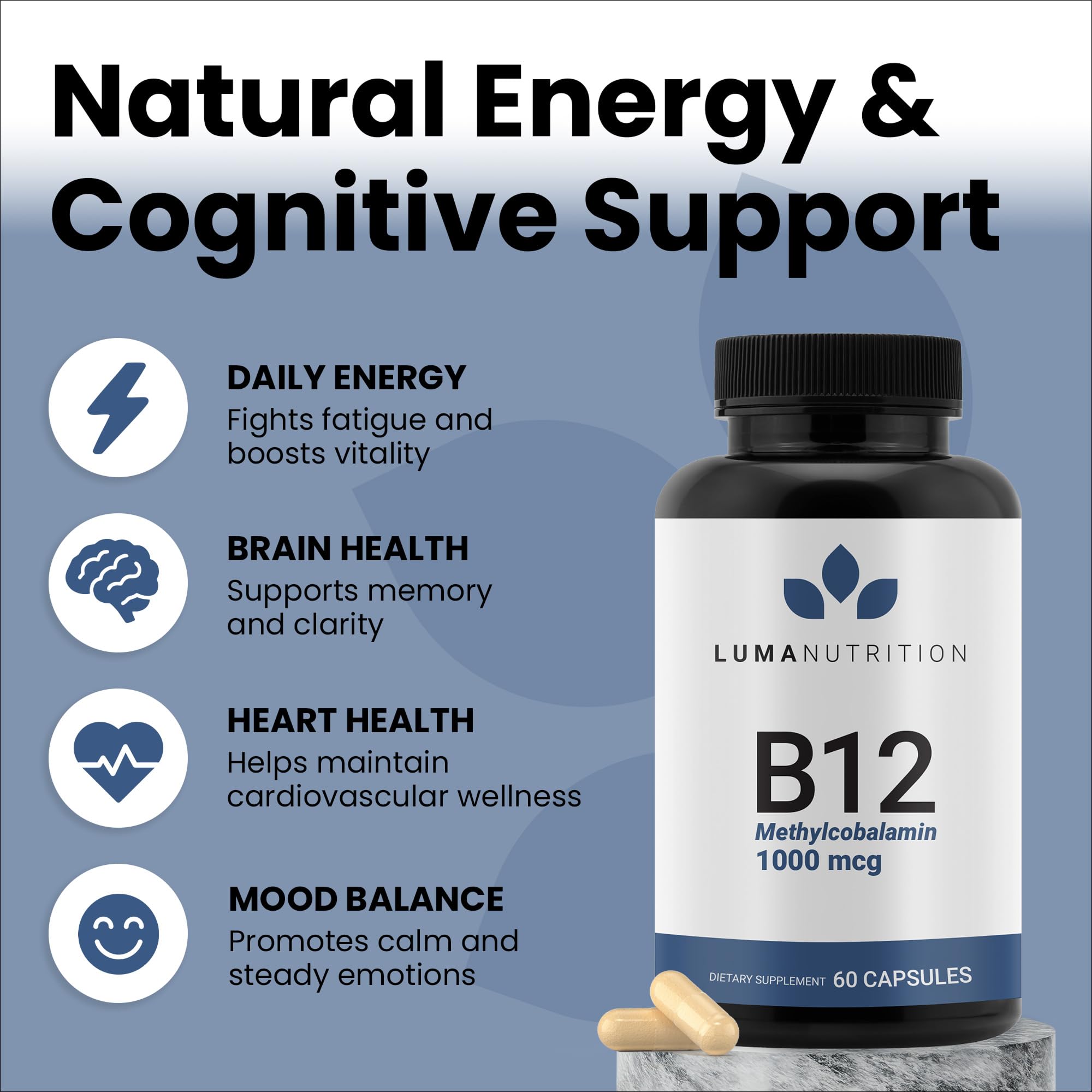 Luma Nutrition Vitamin B12 1000 mcg capsules side view