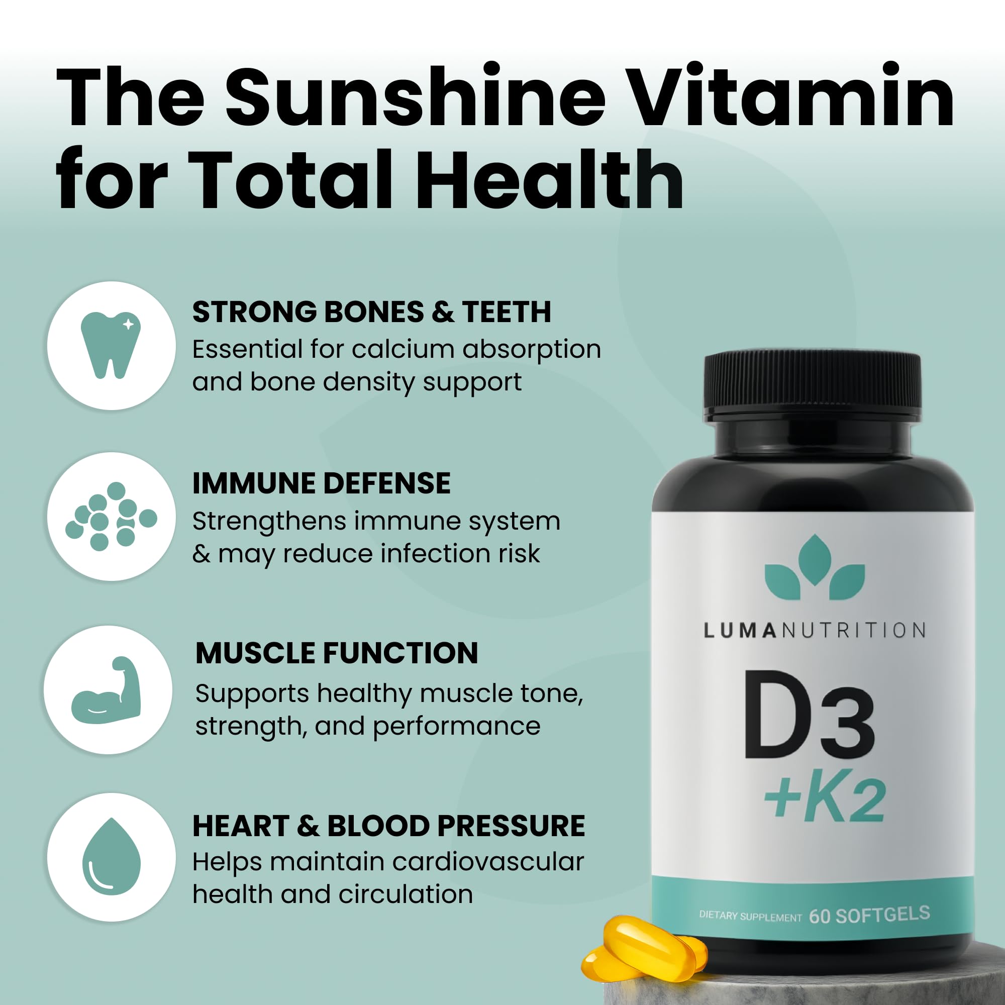 Luma Nutrition Vitamin D3 + K2 supplement capsules close-up