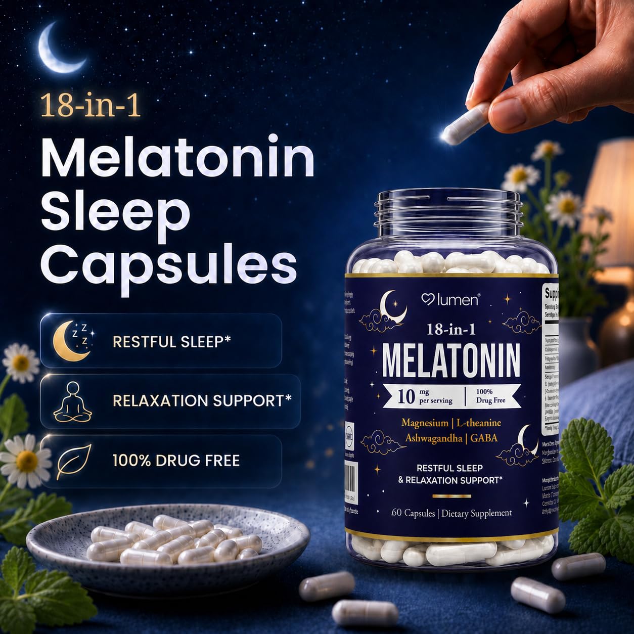 Lumen Naturals Sleep Simply Melatonin and Magnesium capsules on a wooden table