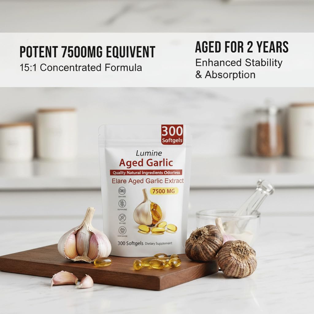 LUMINE Aged Garlic Extract softgels on a wooden surface
