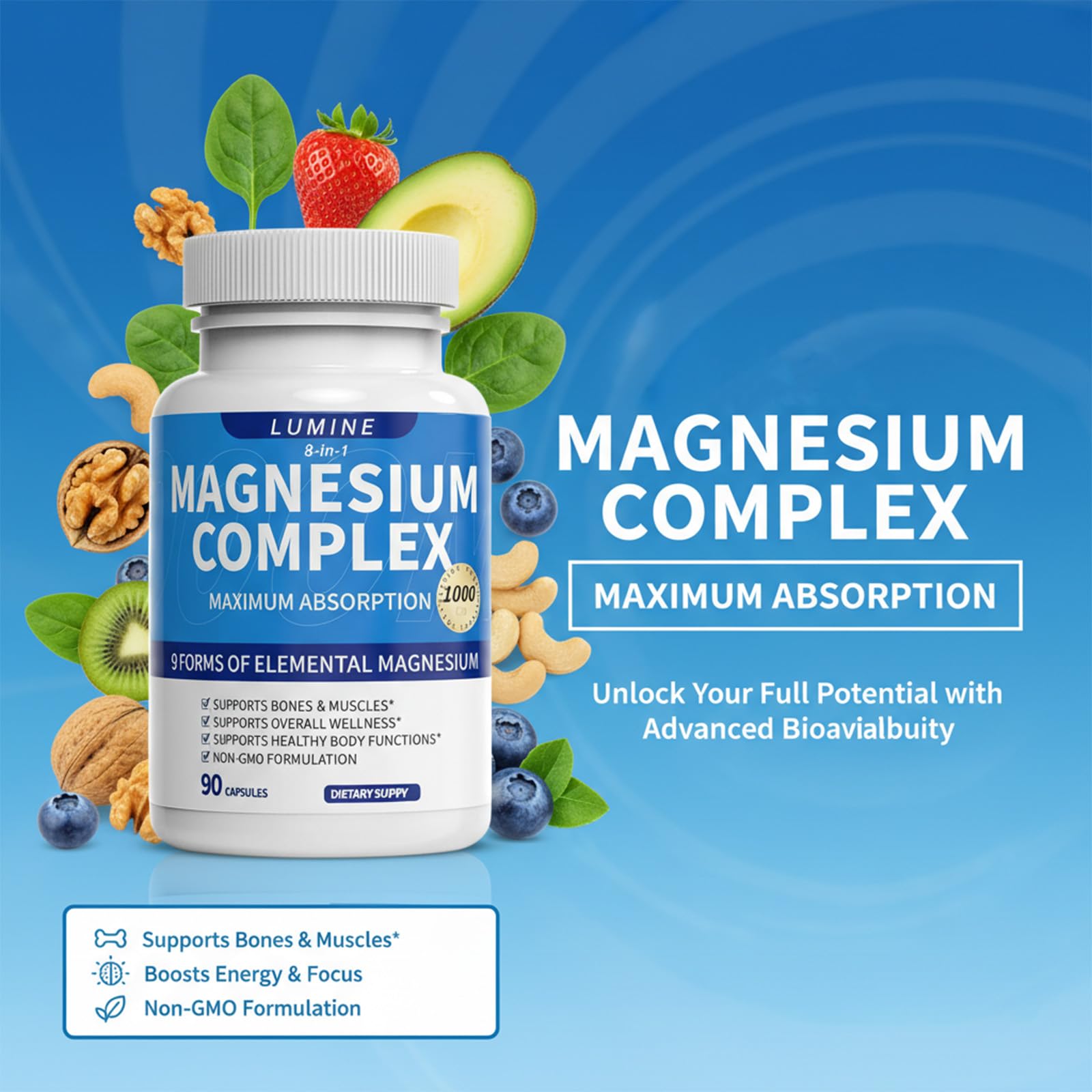 LUMINE Magnesium Complex Supplement back view with ingredient list