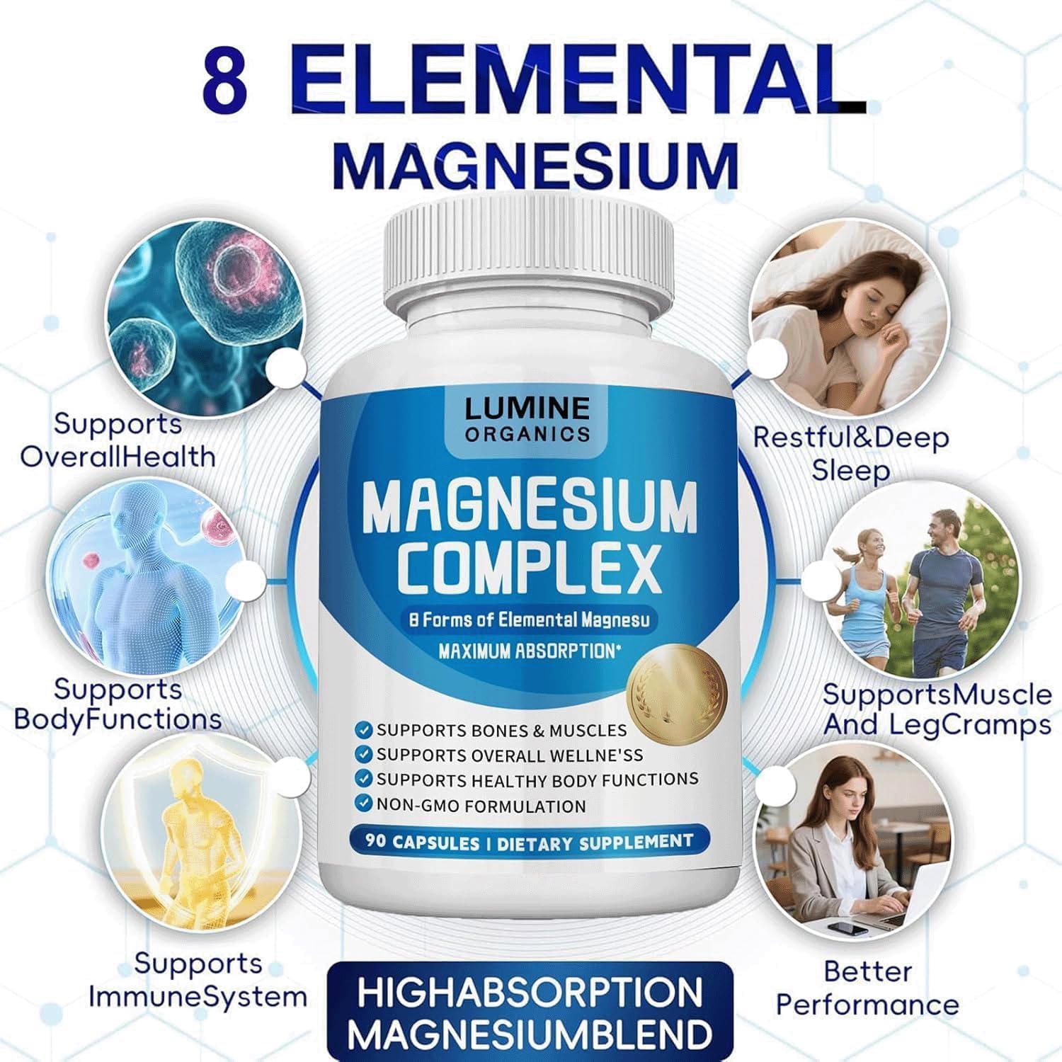 Lumine Organic Magnesium Supplement 1000mg bottle side view