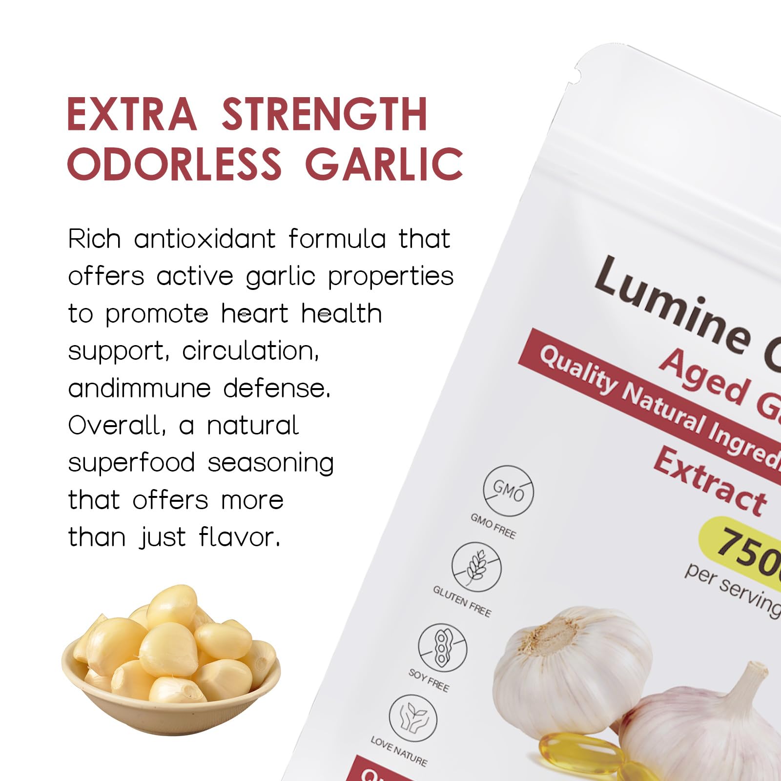 Lumine Organics Aged Garlic Extract Capsules on a kitchen counter