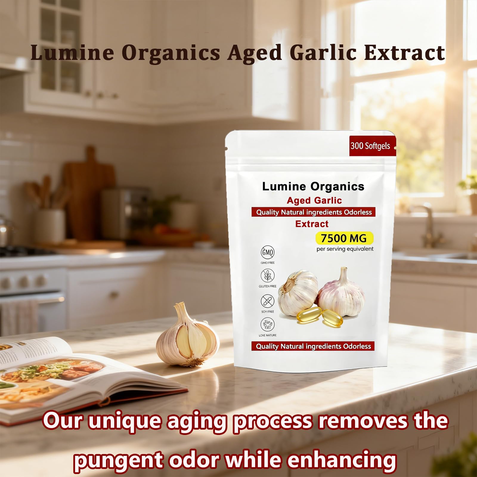 Lumine Organics Aged Garlic Extract Capsules with a glass of water