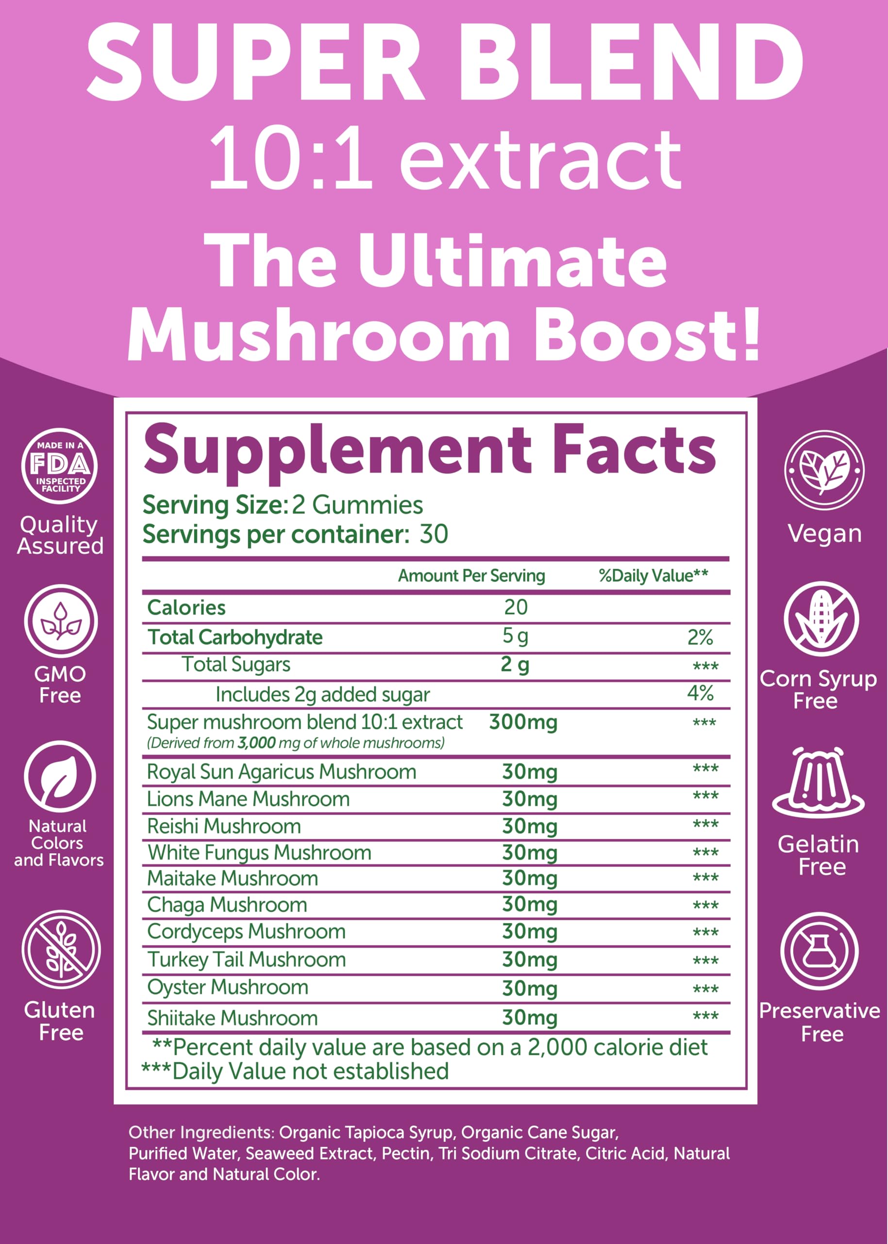 Lunakai 10 Mushroom Blend Gummies back view with nutritional information