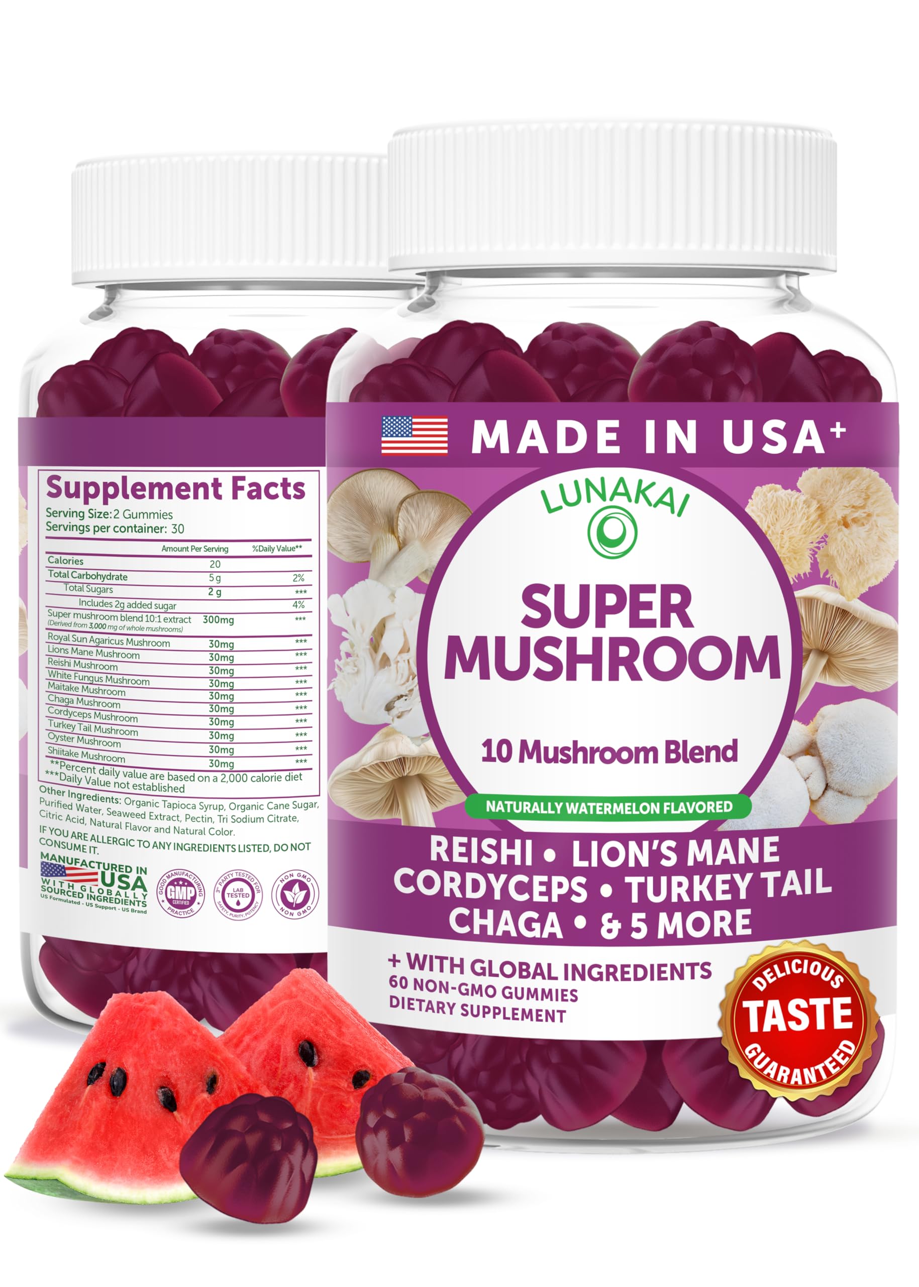 Lunakai 10 Mushroom Blend Gummies front view with packaging