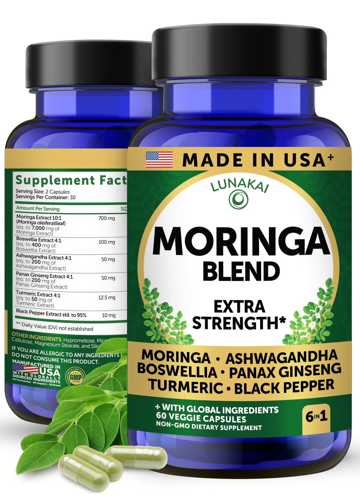 Lunakai Moringa Oleifera Leaf Extract 60 capsules front view