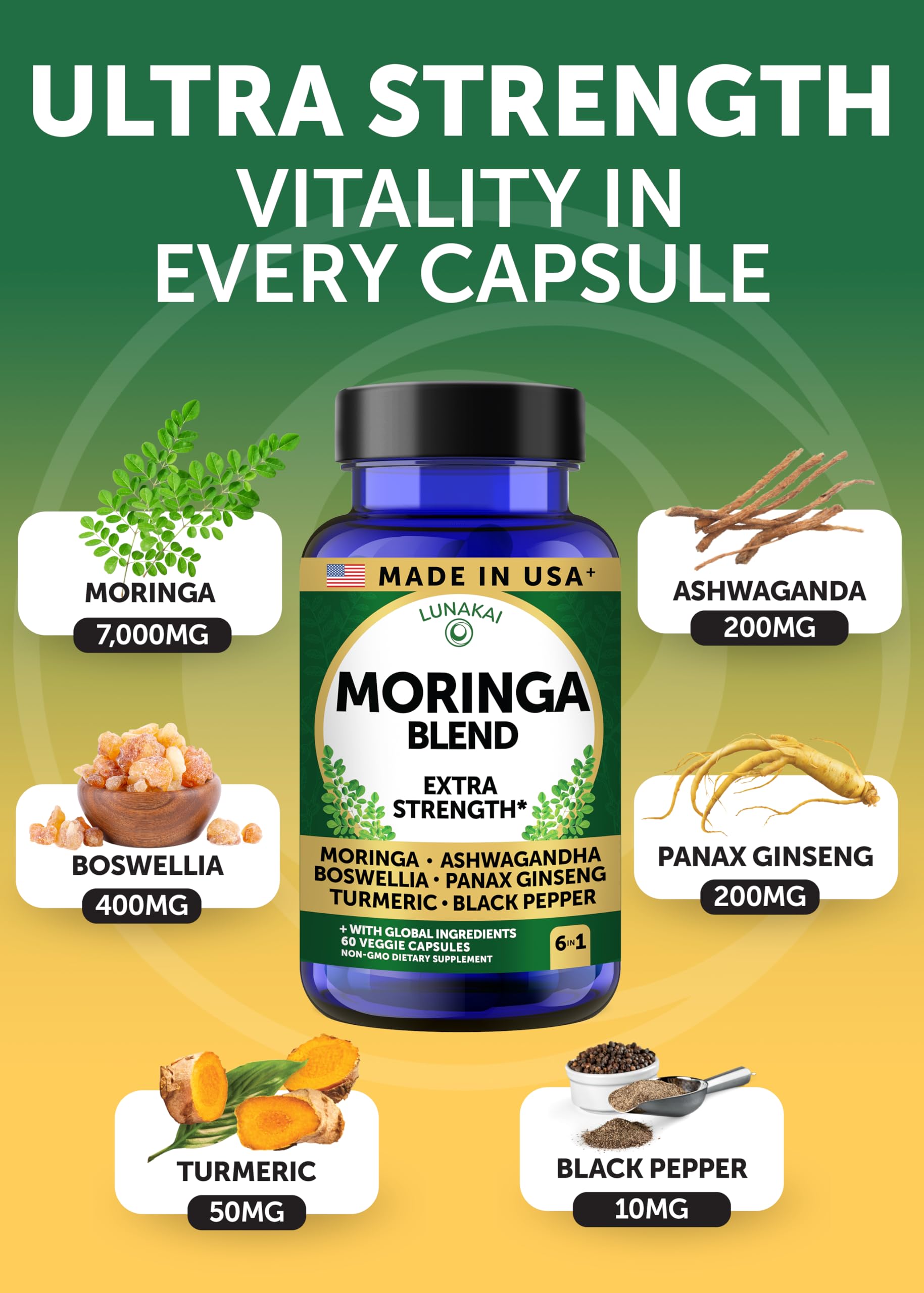 Lunakai Moringa Oleifera Leaf Extract bottle with label