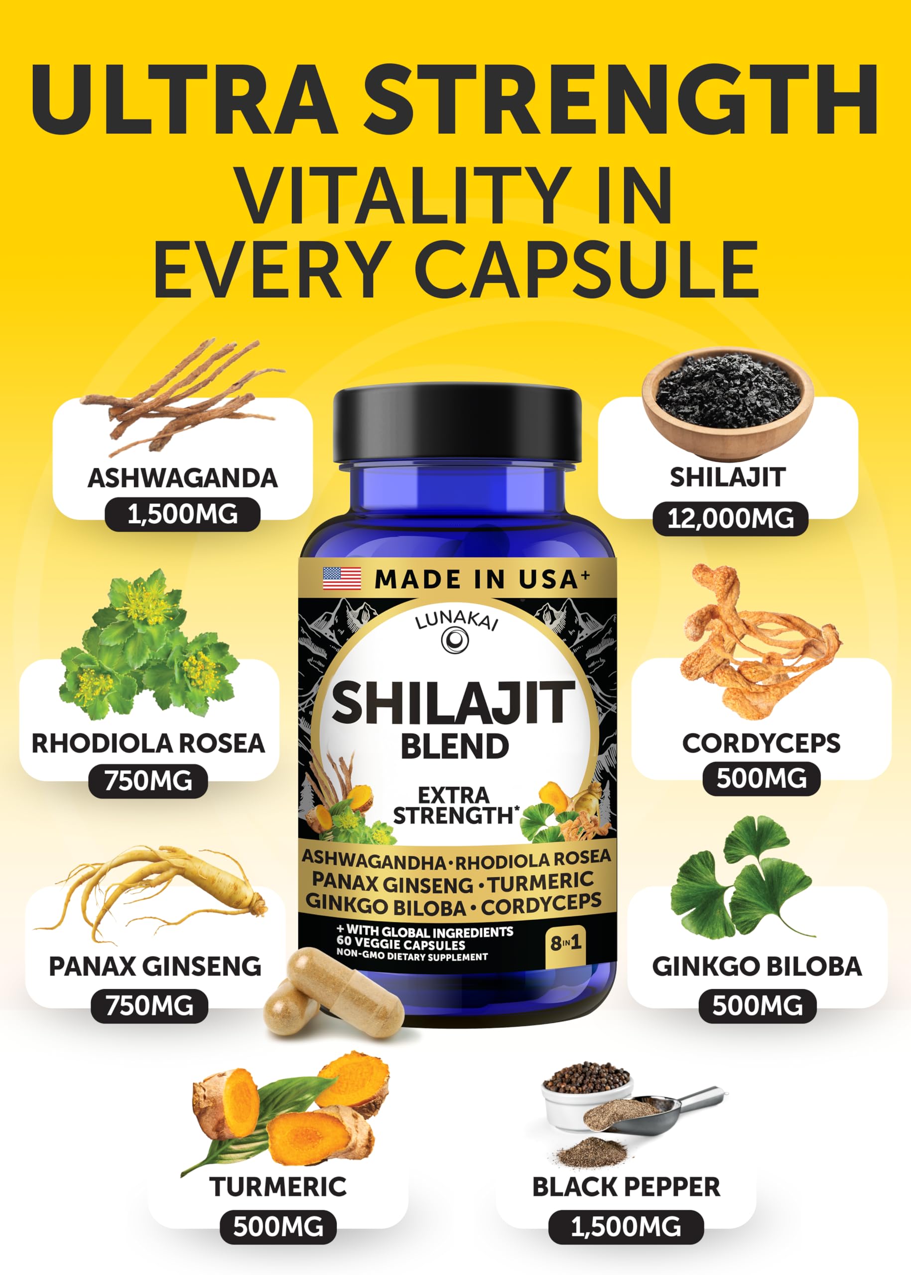 Lunakai Shilajit Supplement capsules on a wooden surface