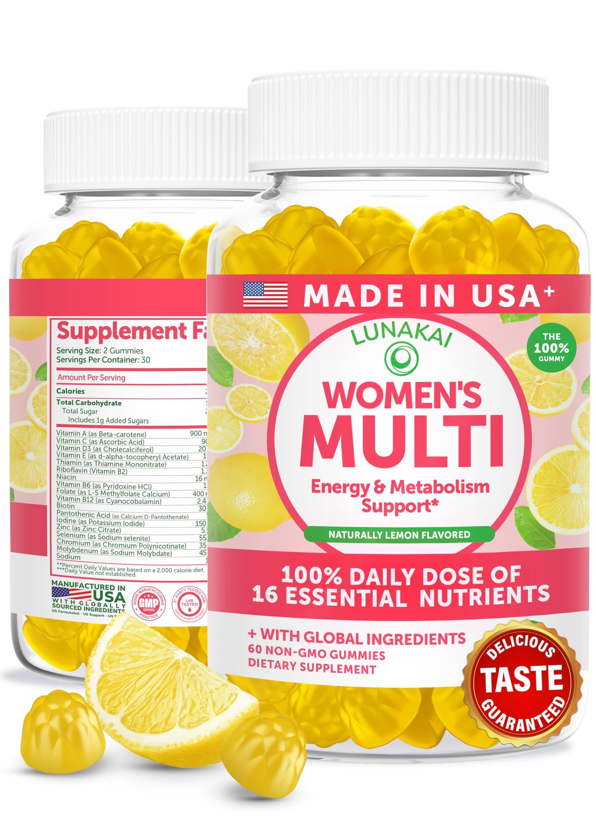 Lunakai Women’s Multivitamin Gummies front view with lemon flavour