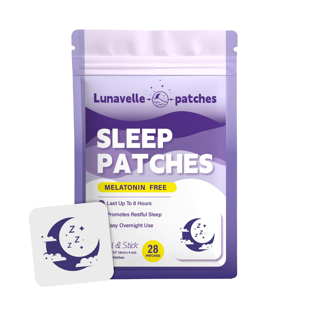 Lunavelle Sleep Patches box front view with 28 patches