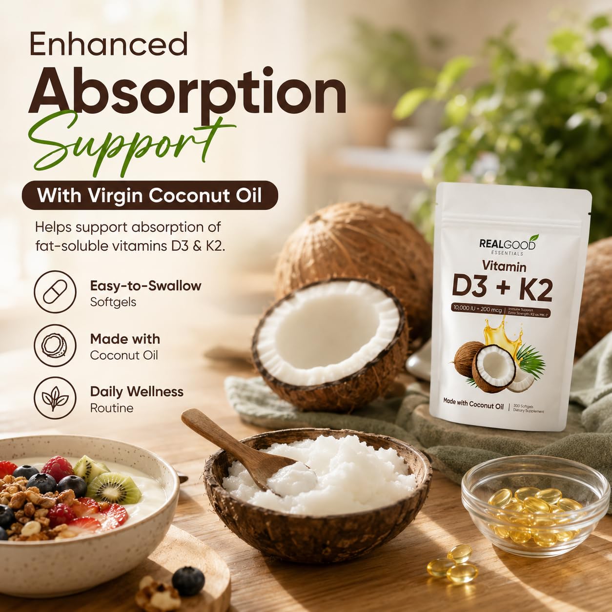 LUNESSA Vitamin D3 & K2 Softgels back view with ingredients