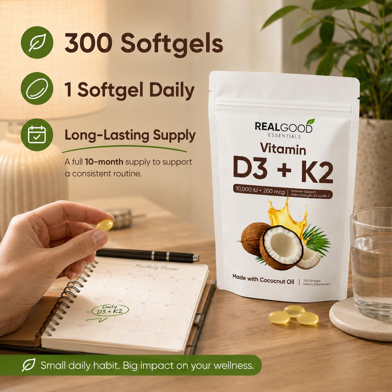 LUNESSA Vitamin D3 & K2 Softgels with measuring spoon