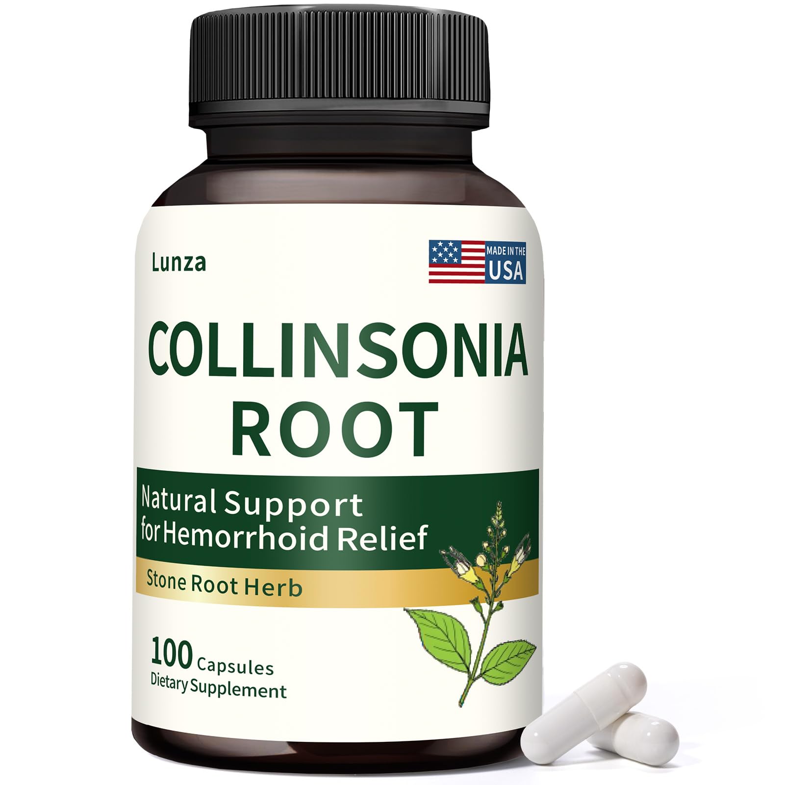 Lunza Collinsonia Root Capsules bottle front view with 100 count