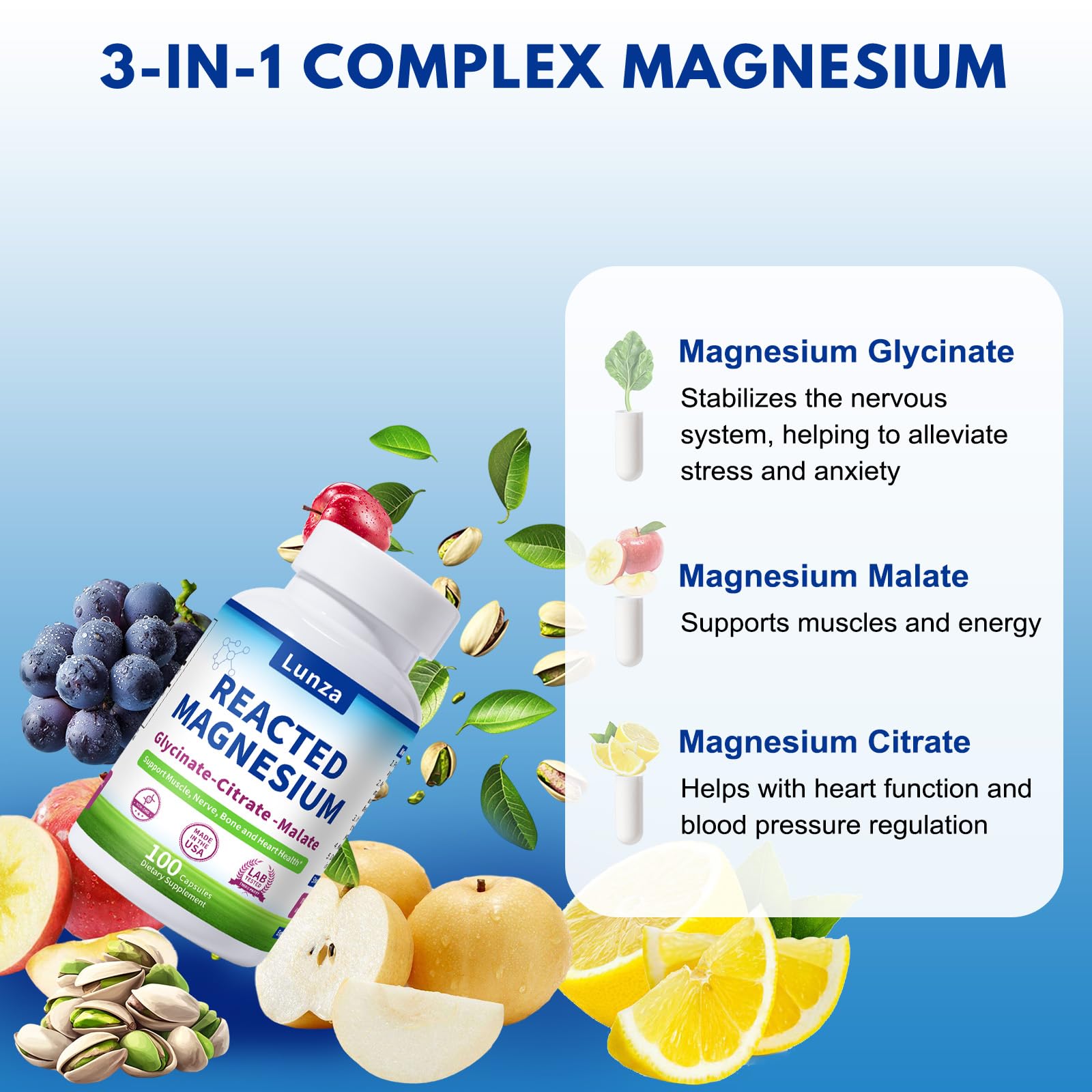 Lunza Magnesium Complex 300mg capsules on a wooden table