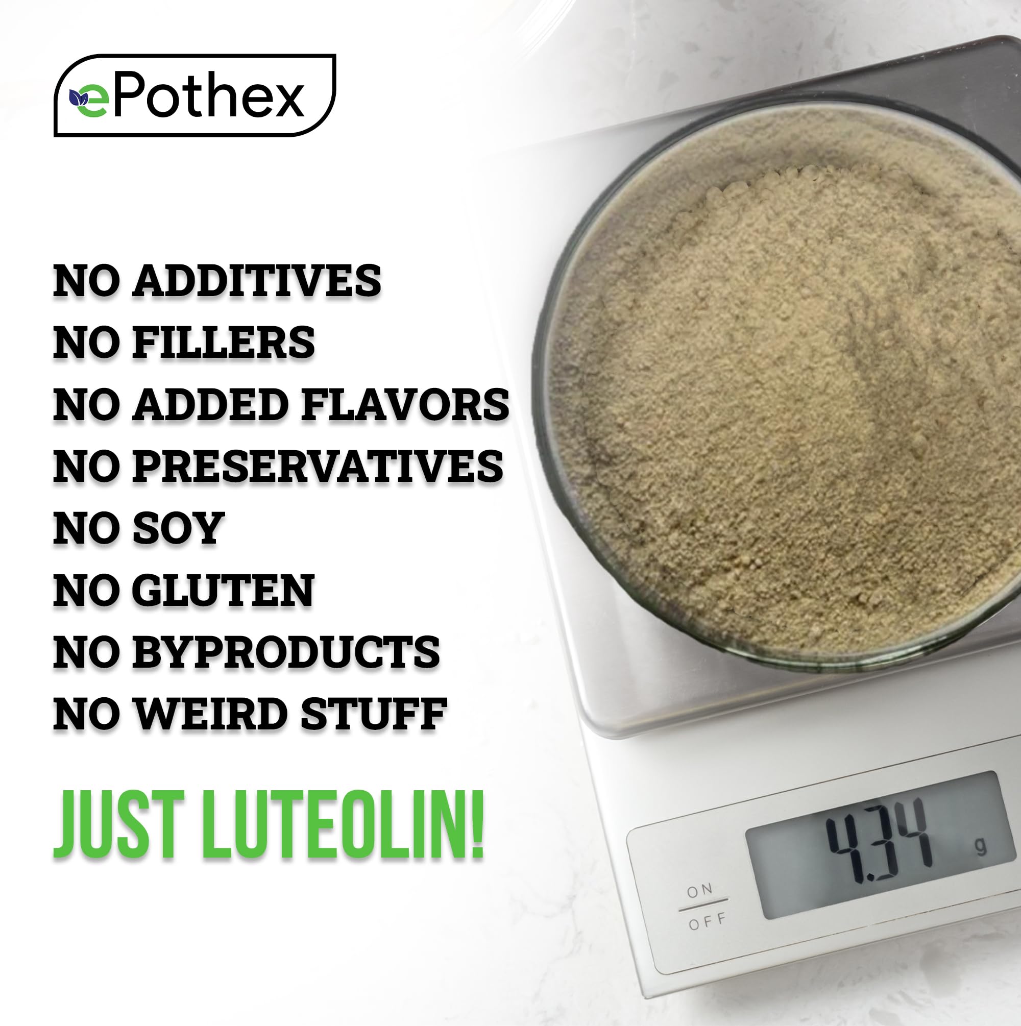 Luteolin Powder 24g back view with nutritional information
