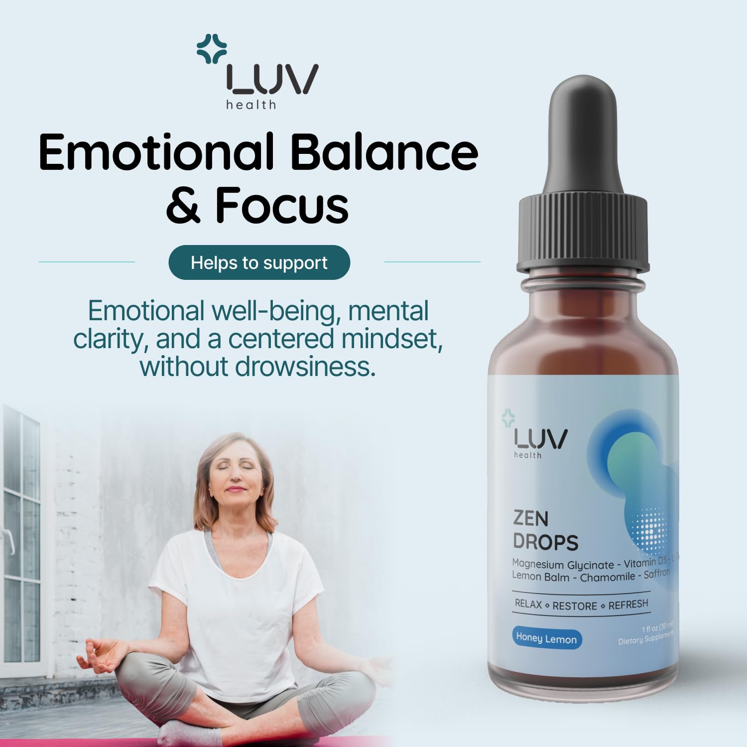 LUV health Zen Drops ingredients list on packaging