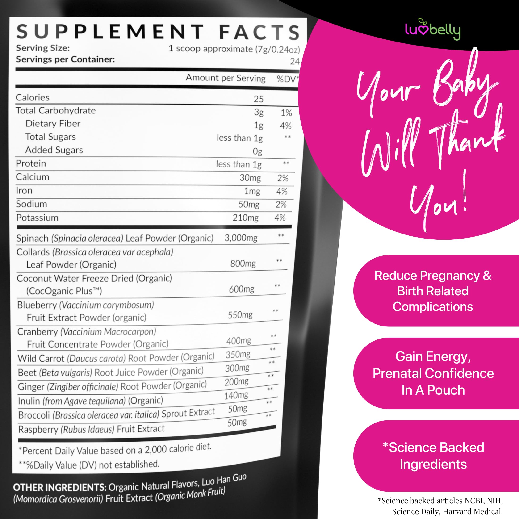 LuvBelly Pregnancy Super Greens Powder packaging back view