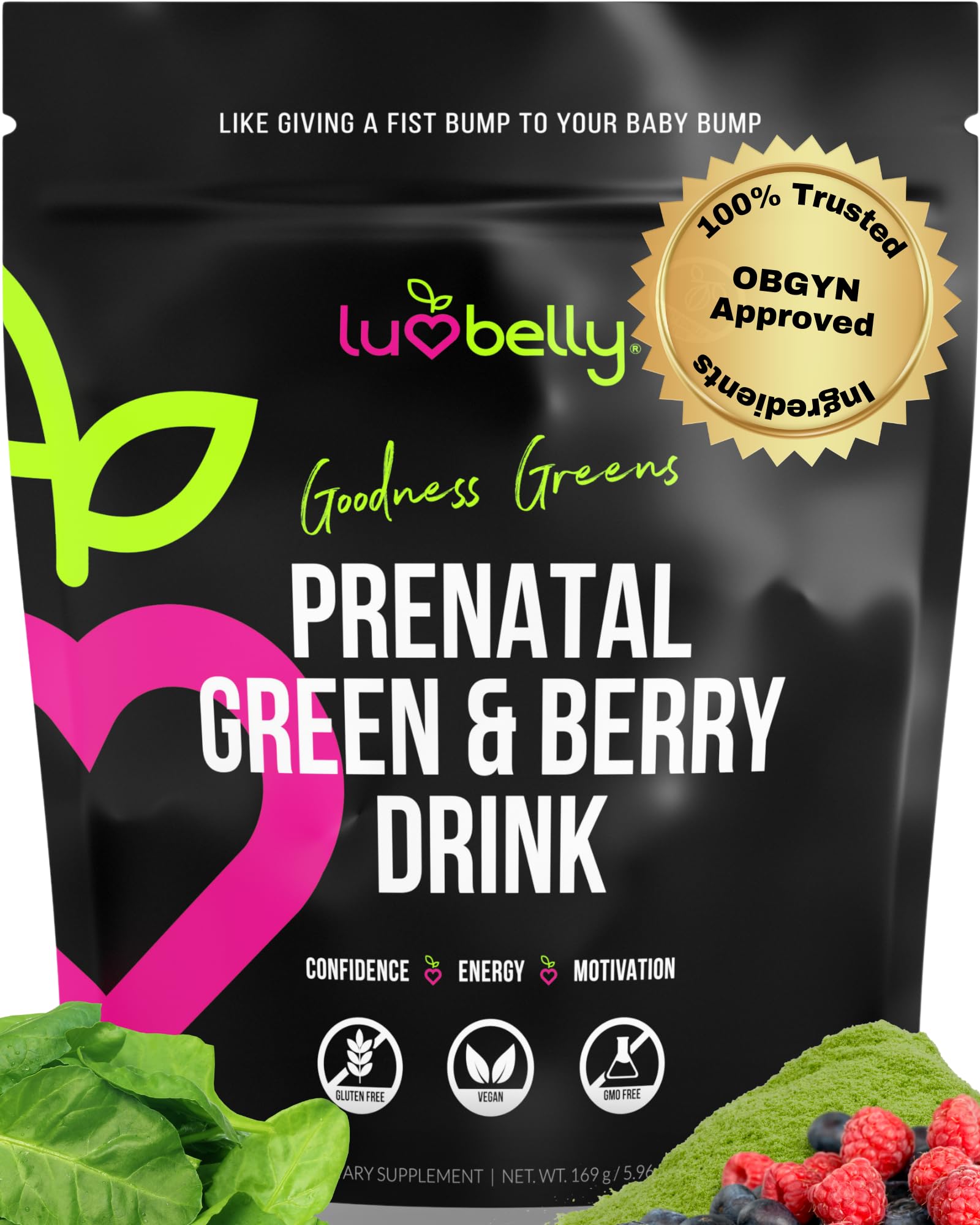 LuvBelly Pregnancy Super Greens Powder packaging front view