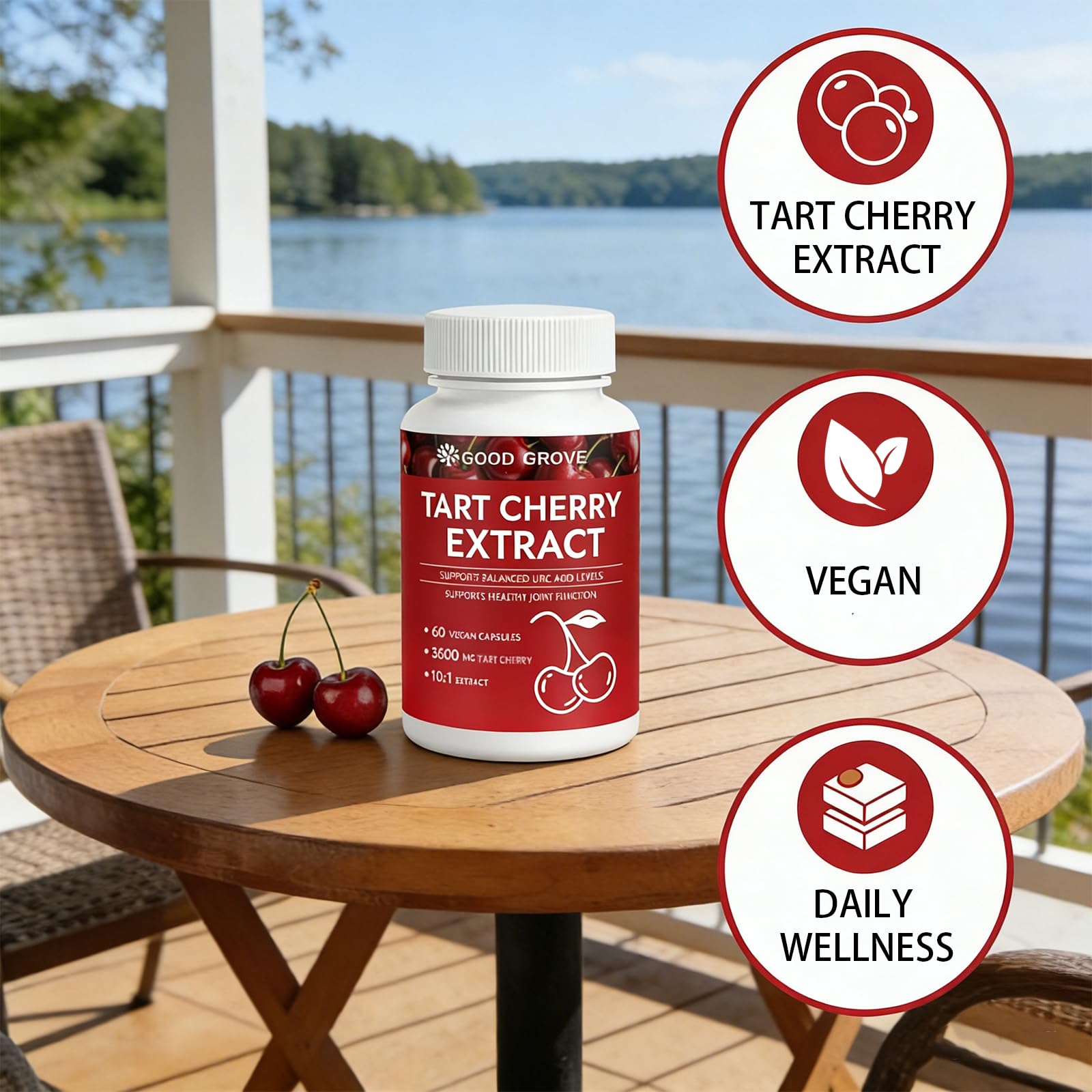 Luvie Glow Tart Cherry Capsules lifestyle scene with fruits