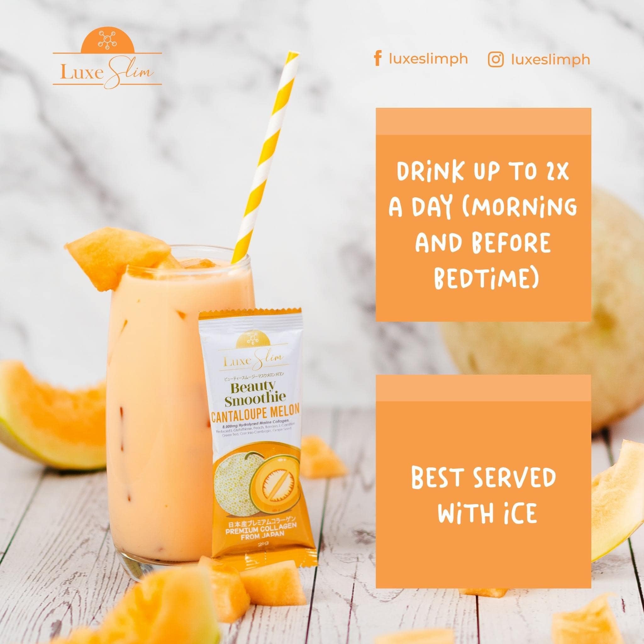 Luxe Slim Beauty Smoothie Cantaloupe Melon sachet with glass of mixed drink