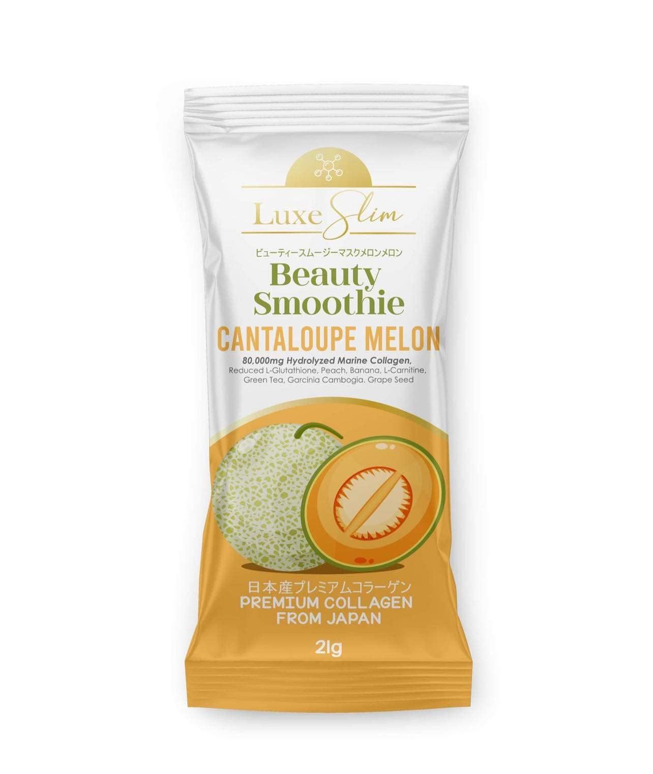 Luxe Slim Beauty Smoothie Cantaloupe Melon sachets displayed on a wooden table