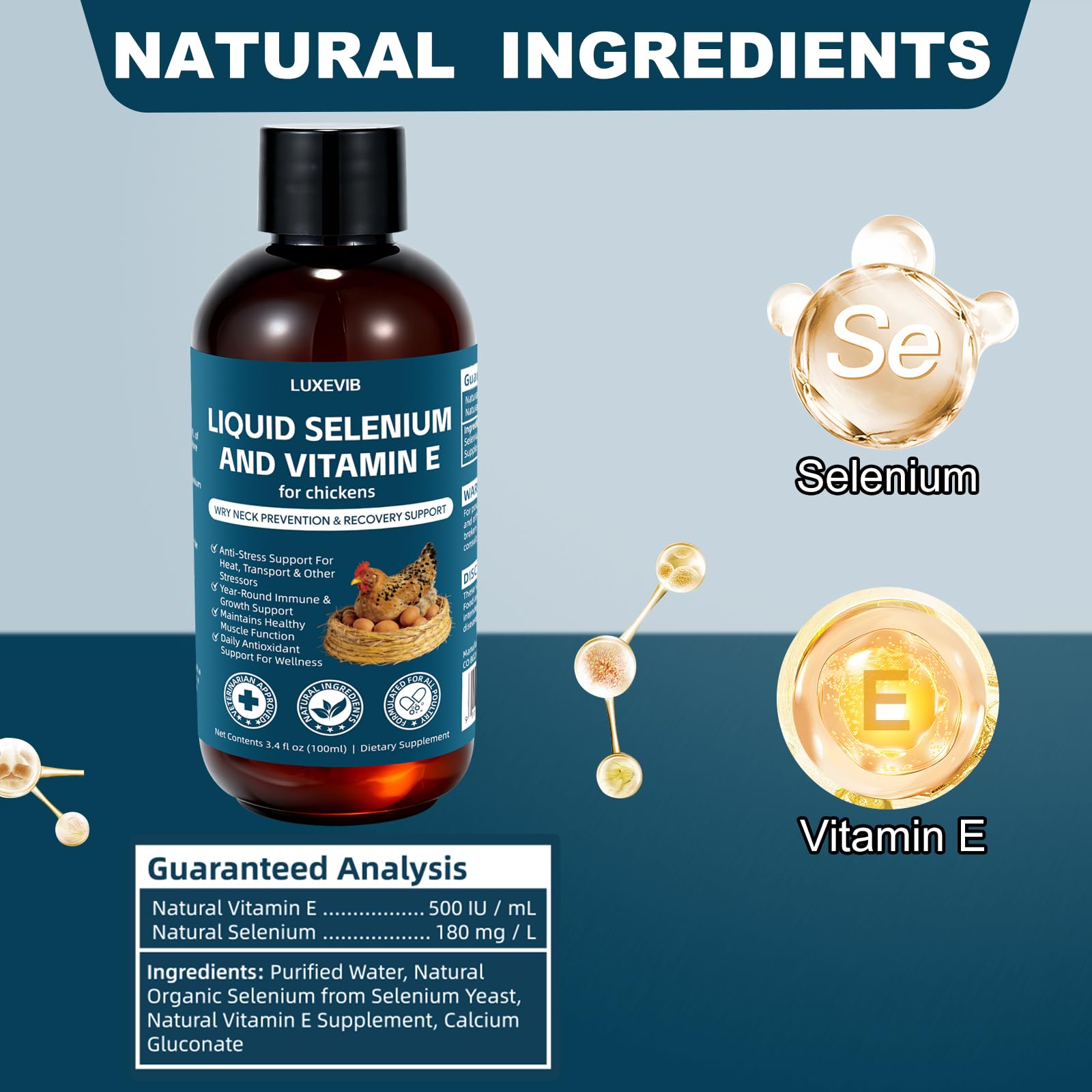 LuxeVib E and S Poultry Vitality Formula 118g liquid bottle back view