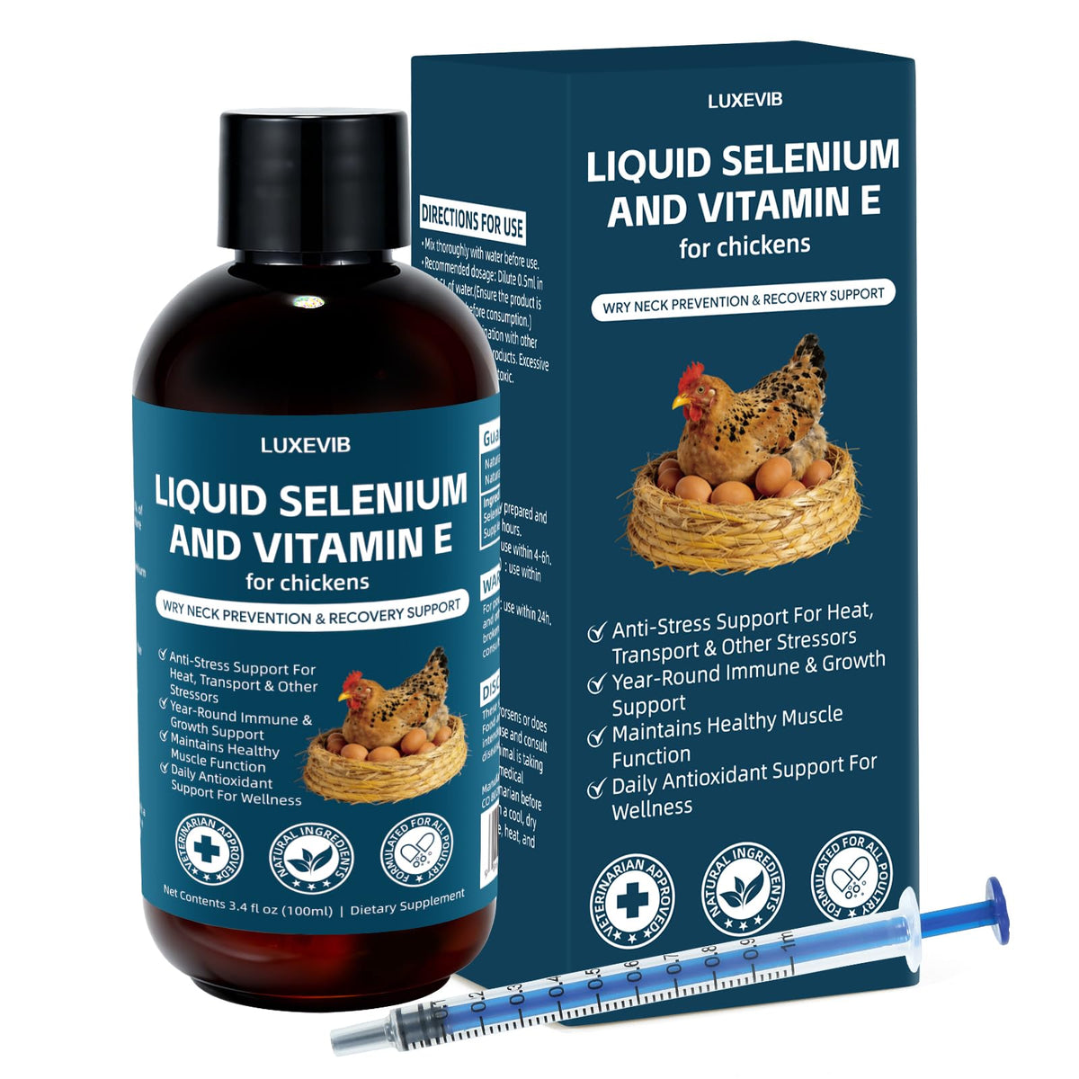 LuxeVib E and S Poultry Vitality Formula 118g liquid bottle front view