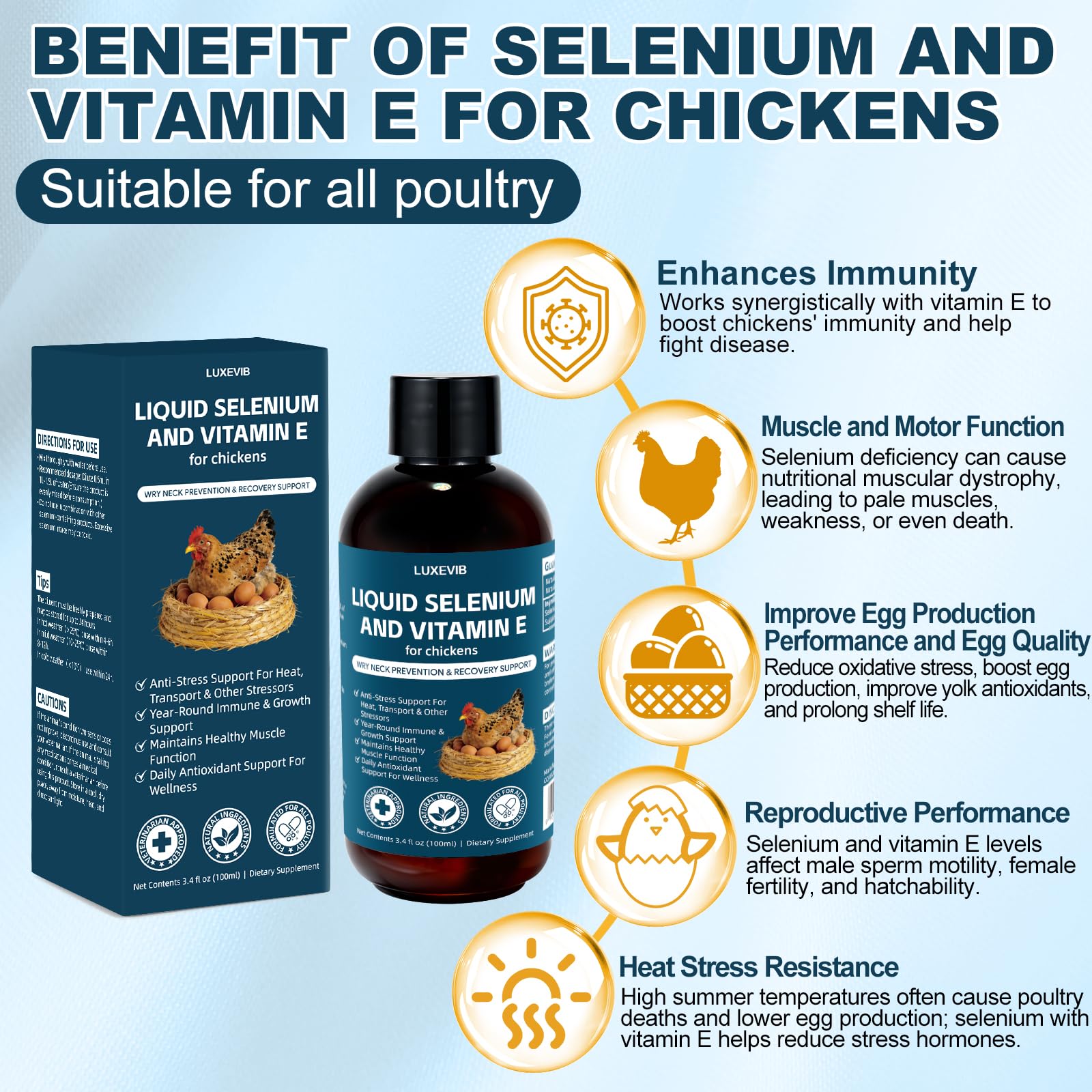LuxeVib E and S Poultry Vitality Formula 118g liquid bottle side view
