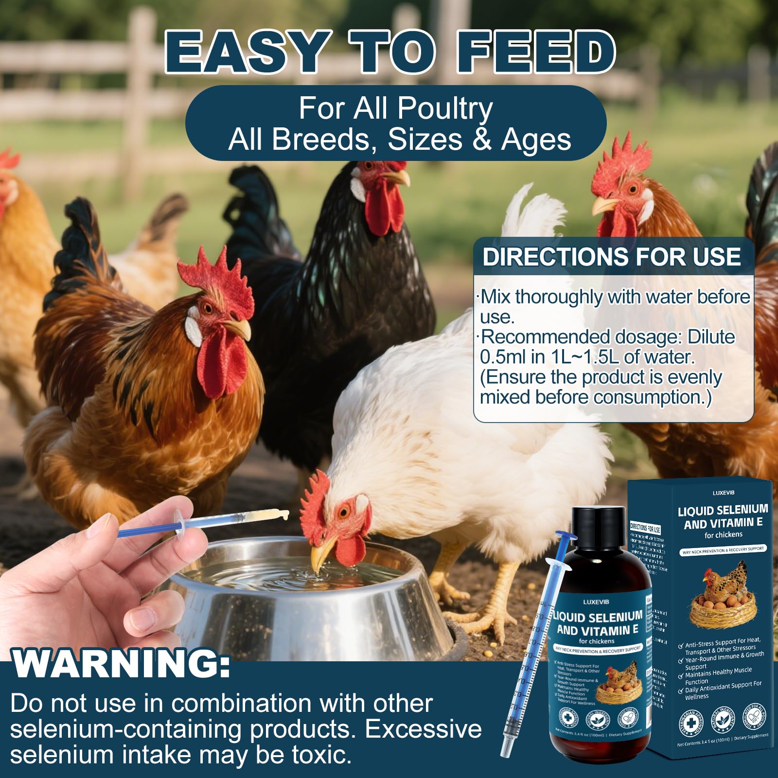 LuxeVib E and S Poultry Vitality Formula 118g liquid on a farm