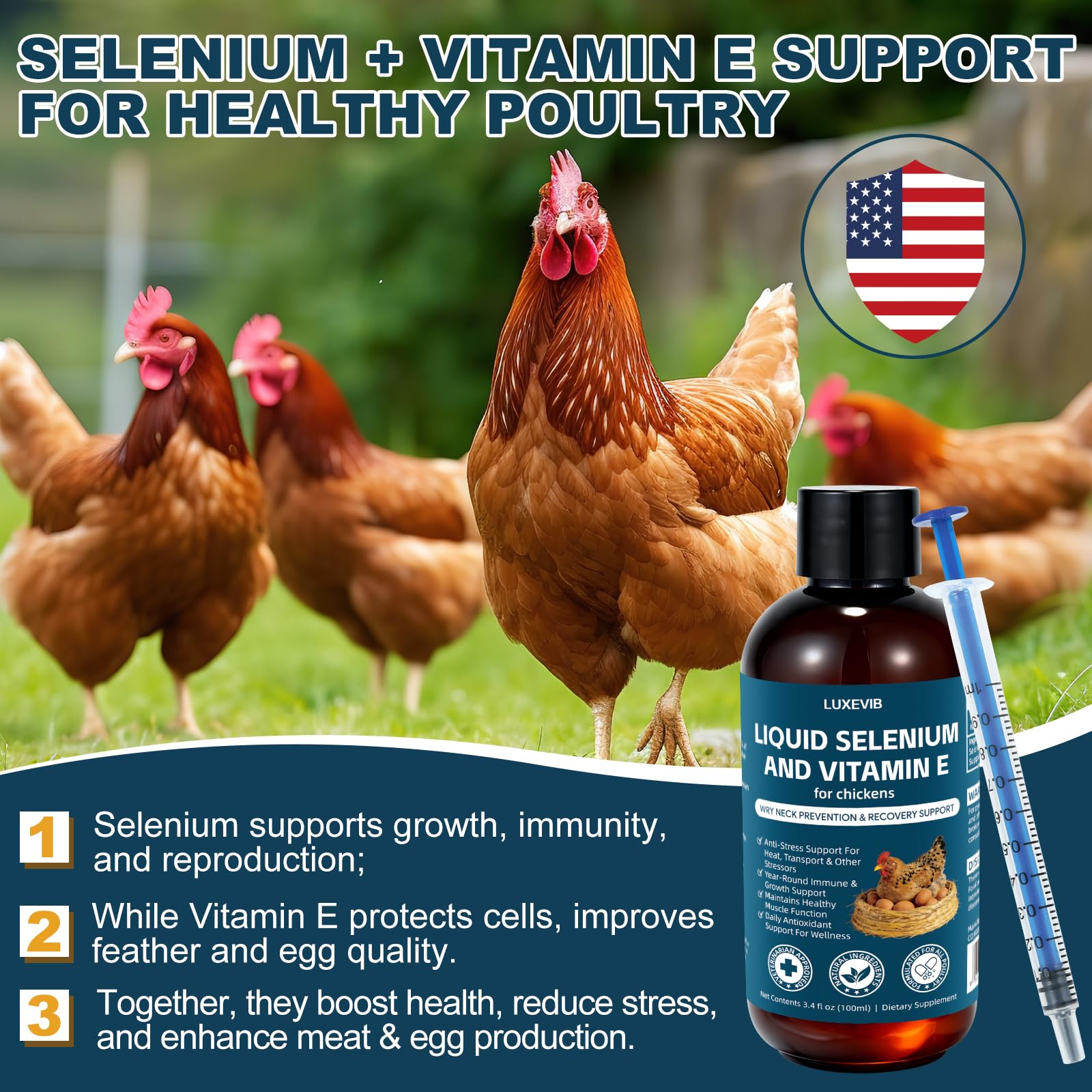 LuxeVib E and S Poultry Vitality Formula 118g liquid with measuring cap